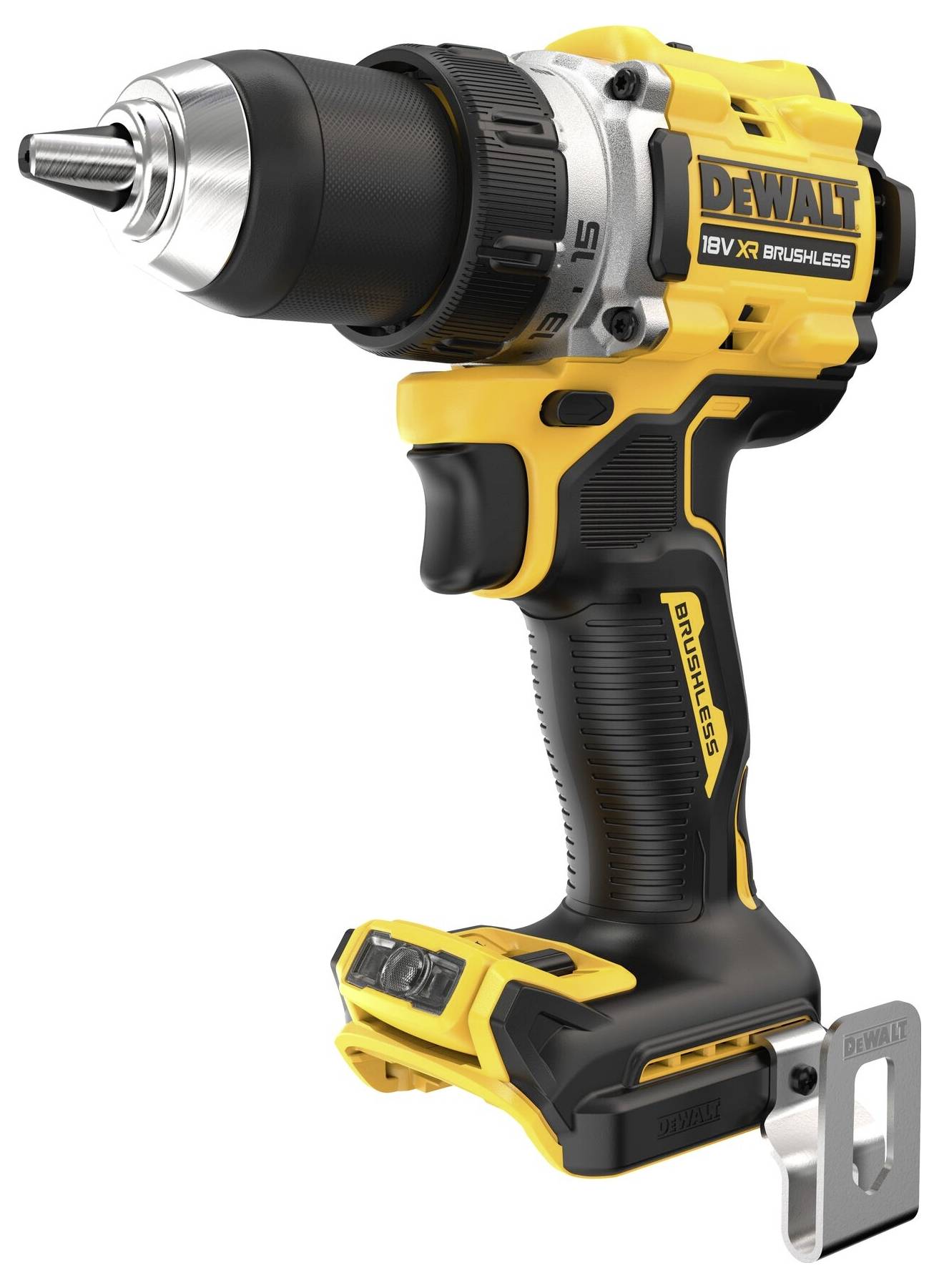 Akumulátorová vrtačka s žluto-černým designem, pohled z boku. Model '18V XR Brushless'.