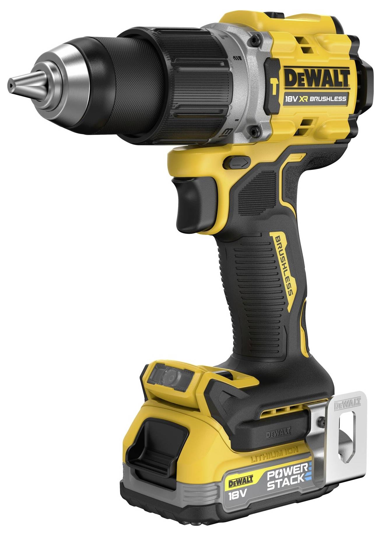 Akumulátorový šroubovák značky DEWALT s uvedením modelu a baterií, v černo-žlutém designu, na bílém pozadí.