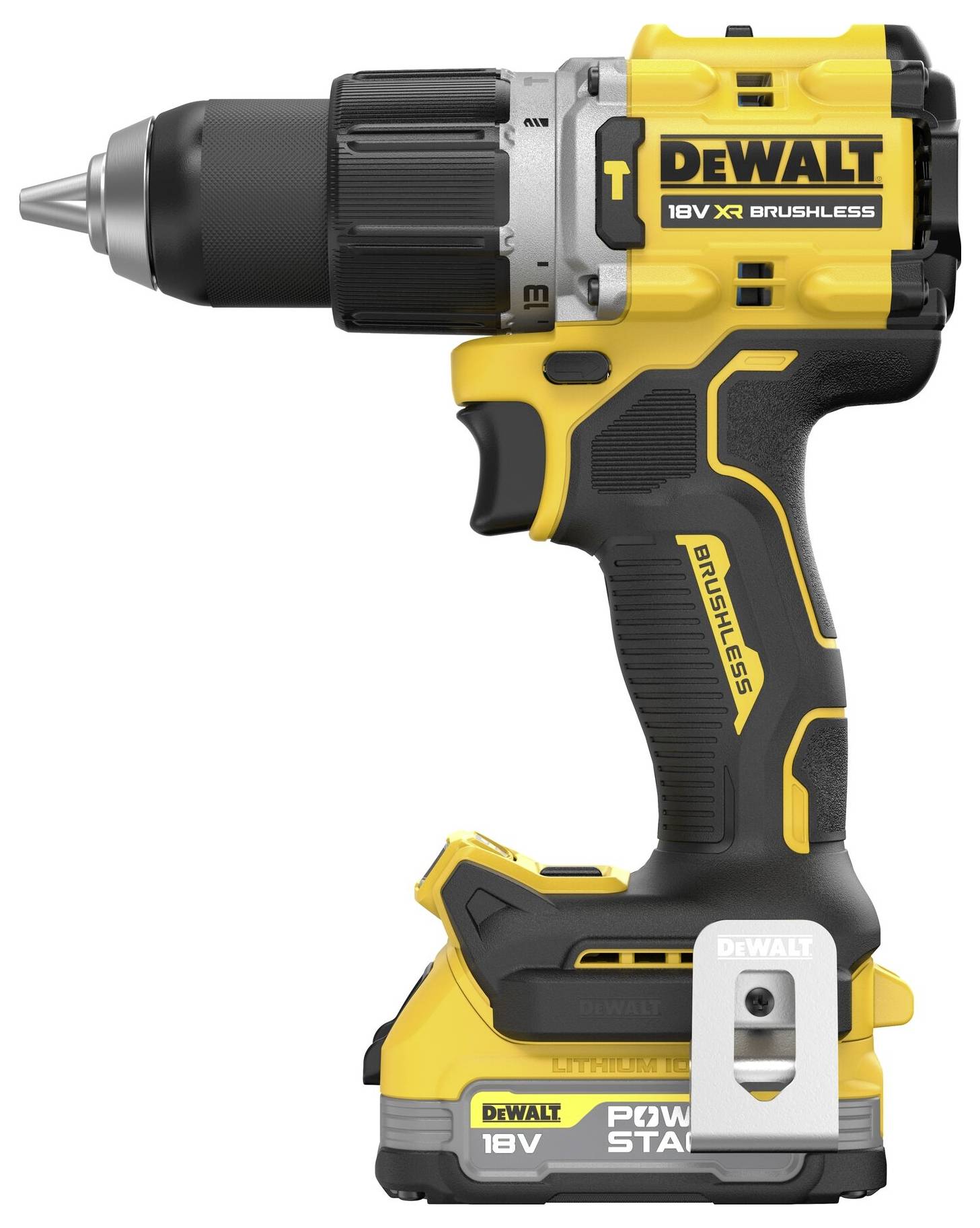 Žlutý akumulátorový šroubovák značky DEWALT s černou rukojetí. Nápis '18V XR Brushless', vhodný pro domácí DIY práce.