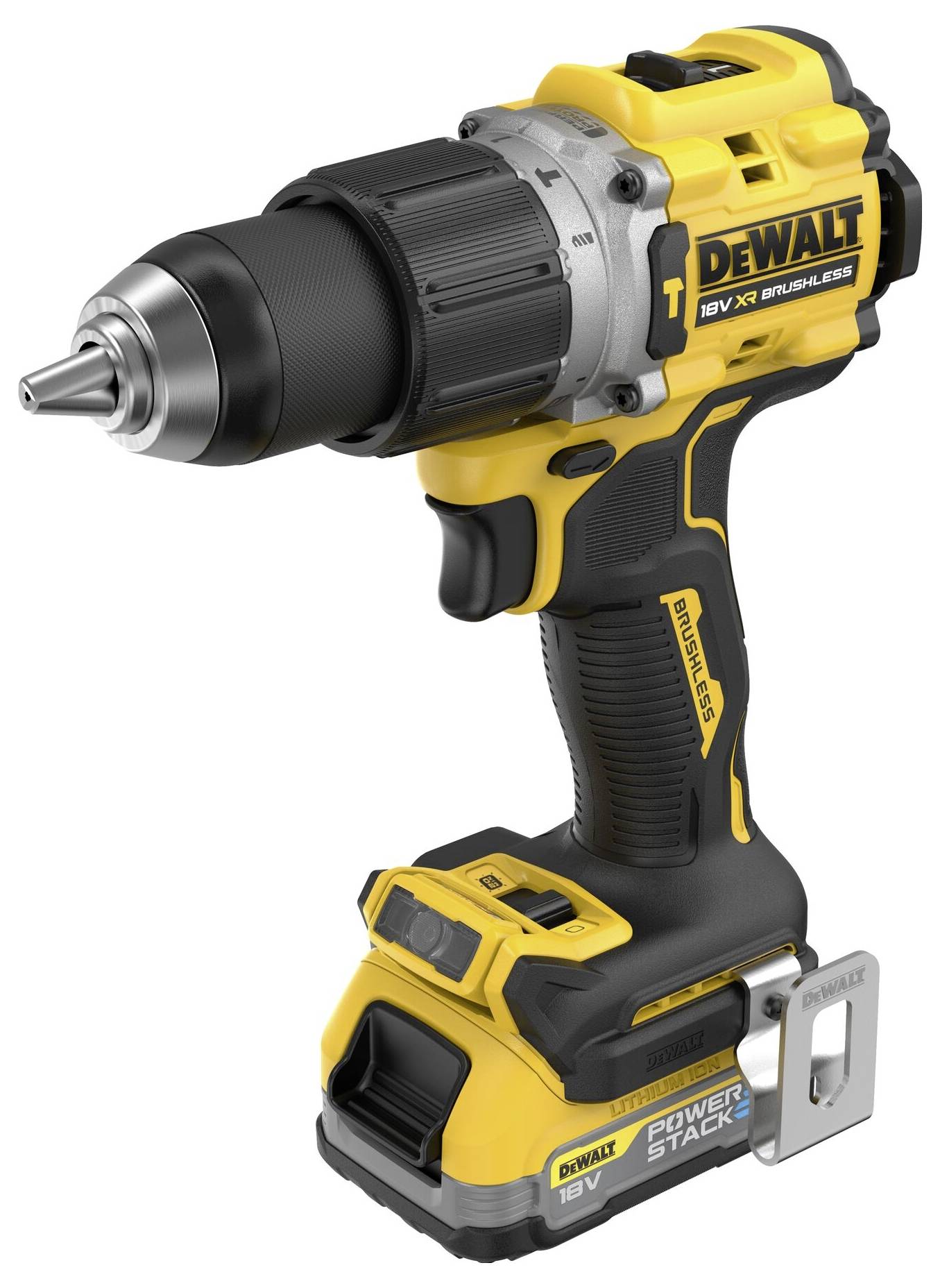 Žlutý bezdrátový šroubovací vrtací šroubovák DeWalt s 18V indikátorem baterie, otočnou hlavou a ergonomickou rukojetí.