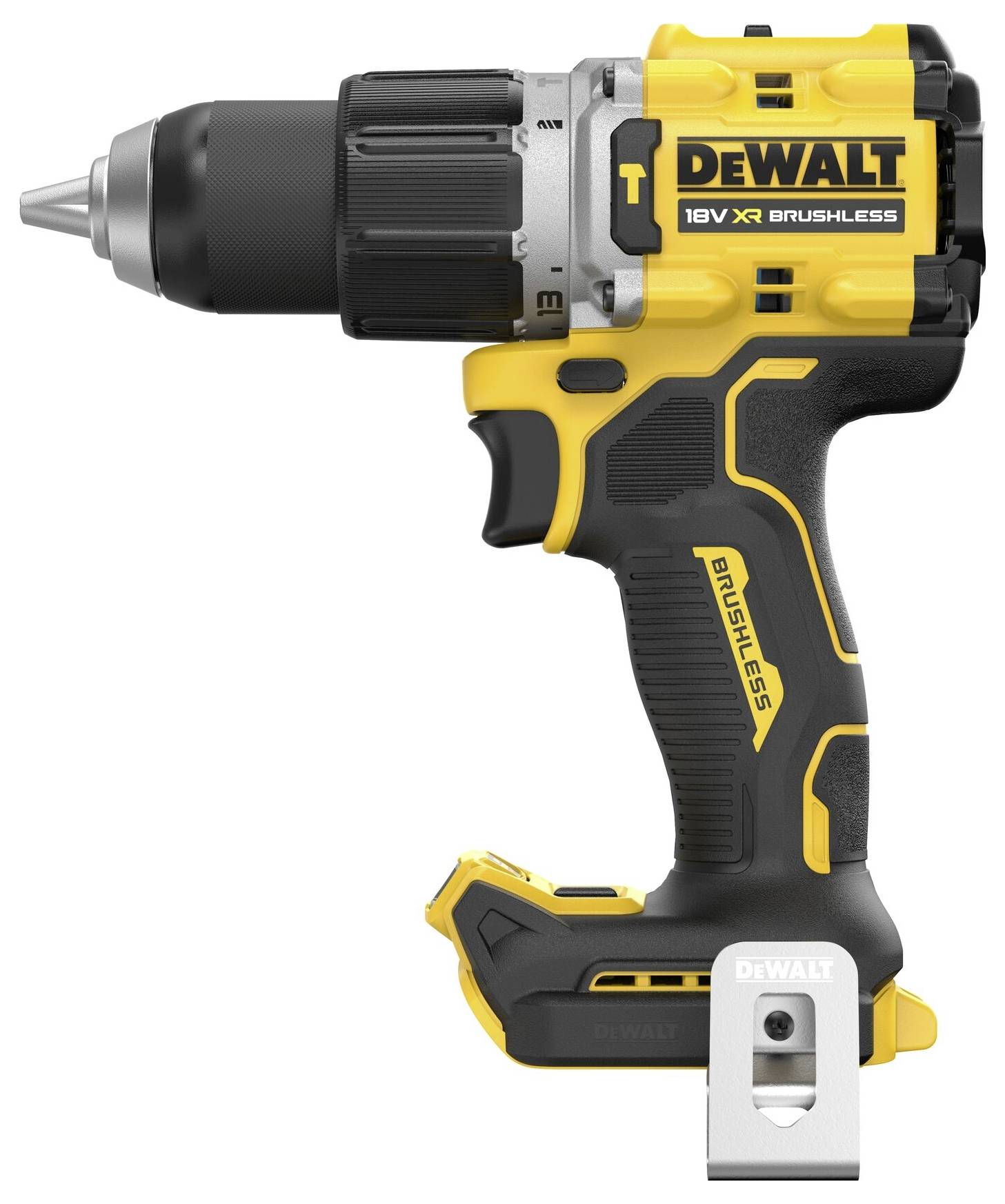 Akumulátorový šroubovák v žluto-černém designu s nápisem 'DEWALT 18V XR BRUSHLESS'.