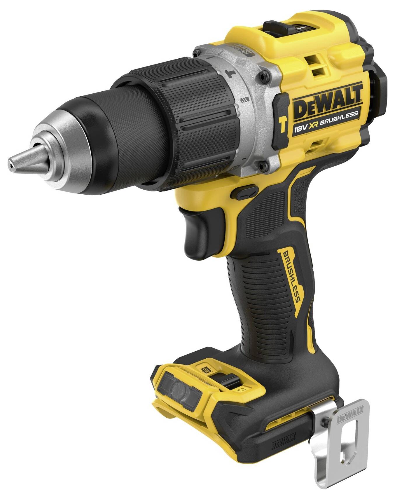 Žlutý a černý aku-šroubovák DeWalt, 18V, bezkartáčový, vhodný pro domácí kutily, detail zařízení.