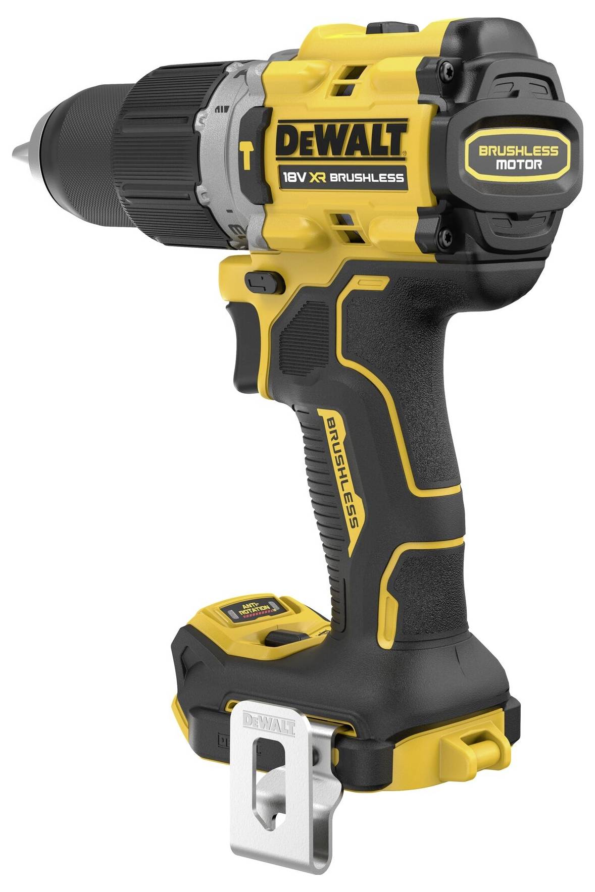 Žlutý a černý akumulátorový šroubovák s bezkartáčovým motorem značky DeWalt, model 18V XR, stojí z boku doleva.