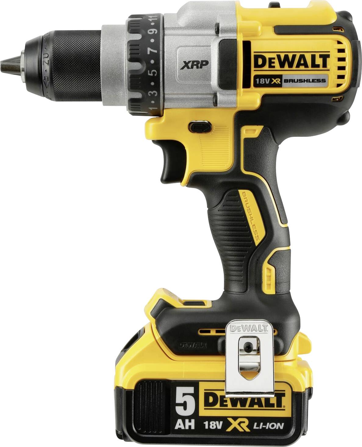 Akumulátorová vrtačka 'DeWalt XR 18V', žluto-černá, s ergonomickou rukojetí a regulátorem proměnlivých otáček, pohled z boku.