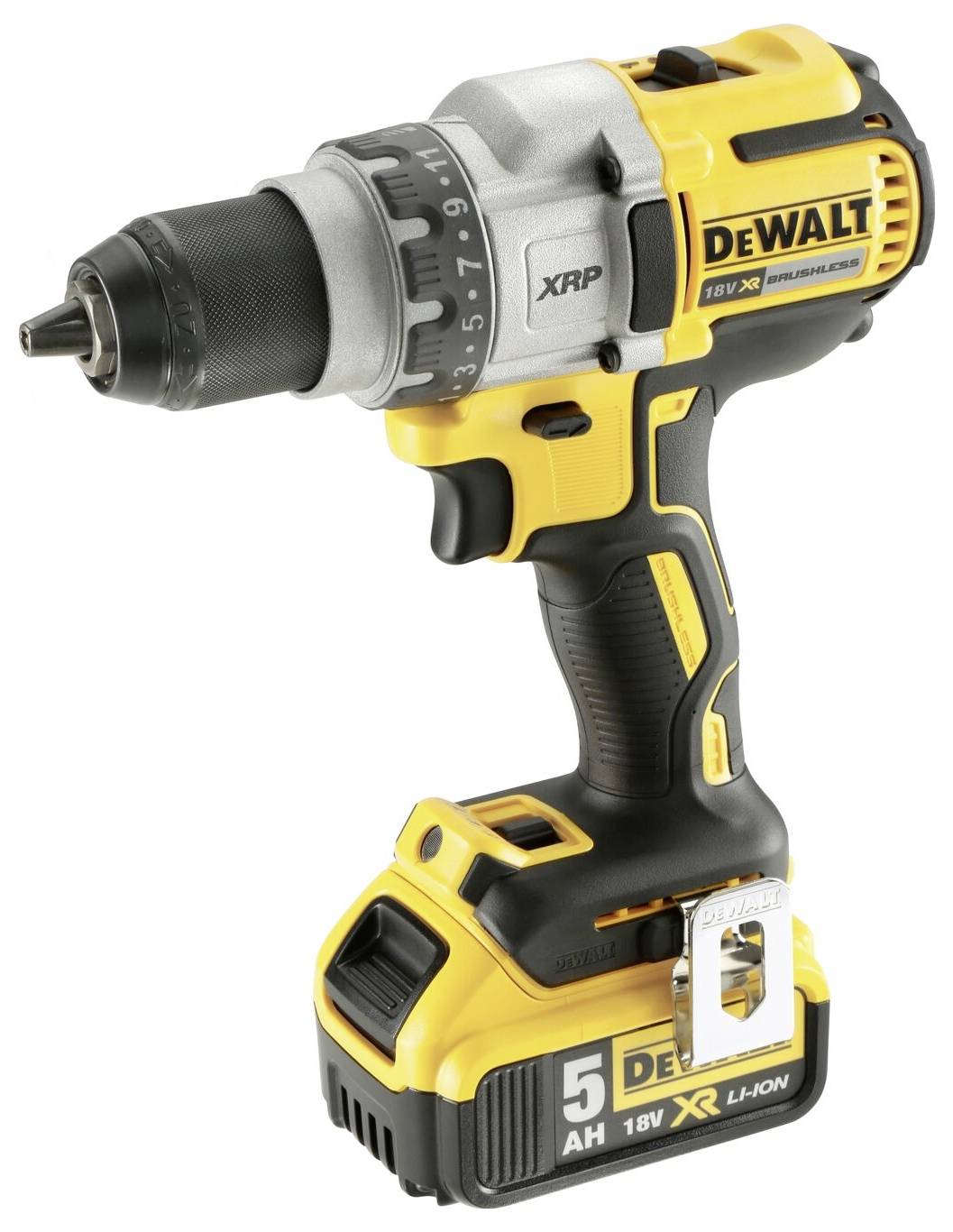 Aku šroubovák značky DeWalt, žluto-černý, s označením '18V XR' a '5 AH'.
