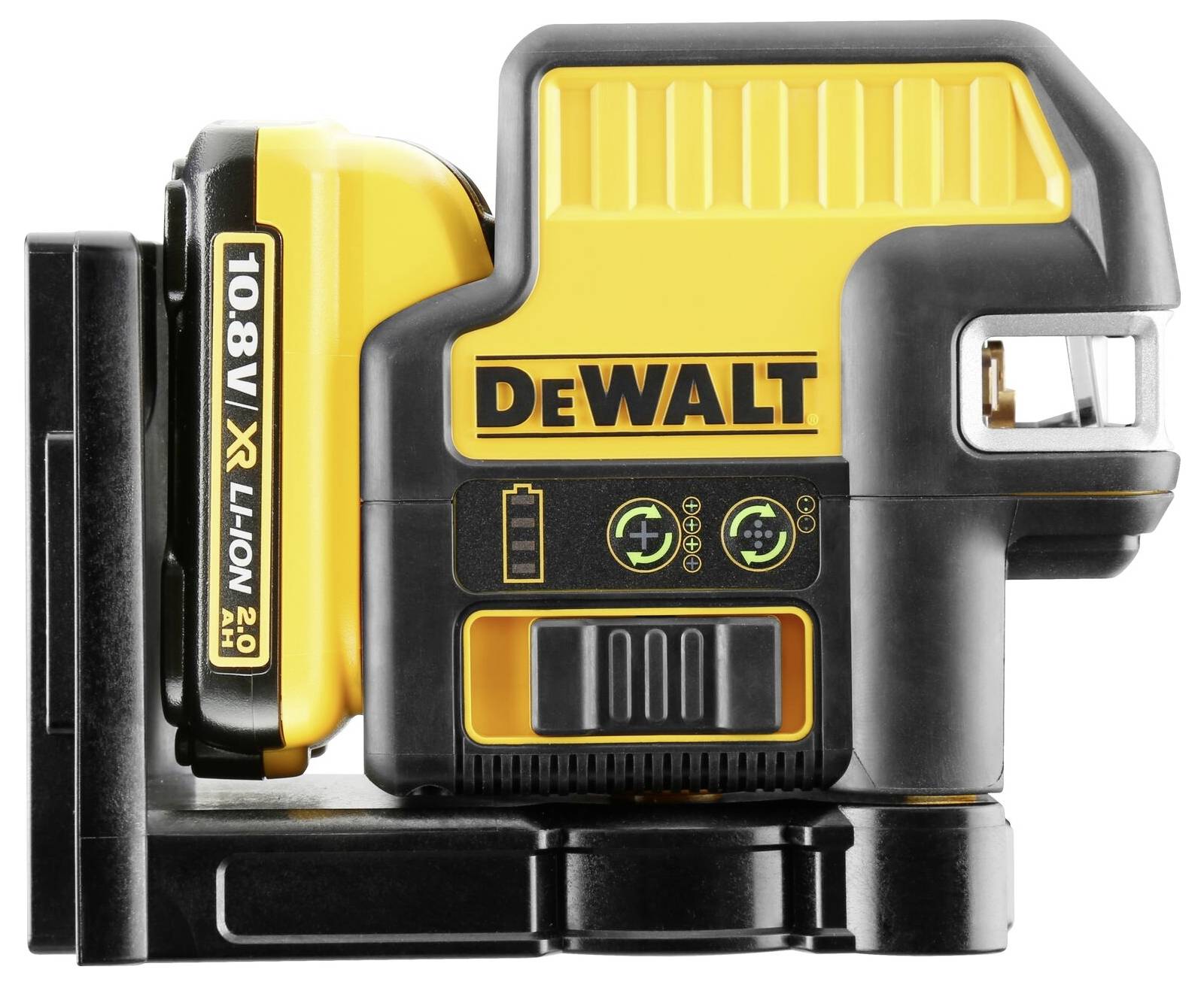 Žluté a černé nabíjecí zařízení DeWalt pro 10,8V akumulátory, s ovládacími prvky a LED indikátorem, pohled z boku.