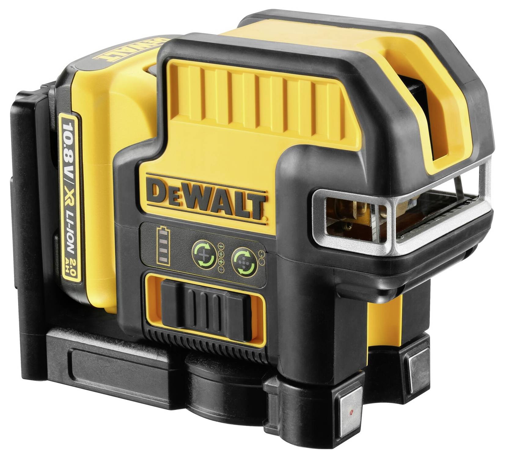 Žlutý laserový nivelační přístroj DeWalt na černém pozadí, vhodný pro stavební a vyměřovací práce. Obdélníkový, kompaktní design.