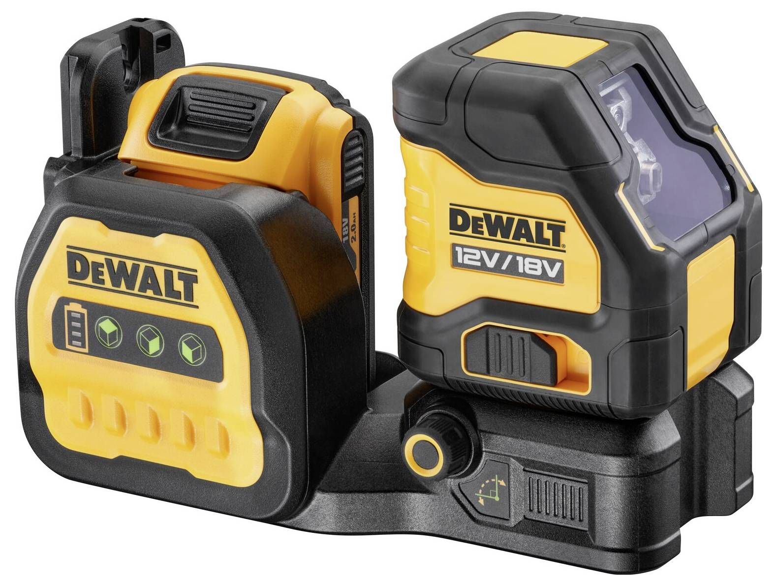Kombinační laserový přístroj od DeWalt s baterií 12V/18V, žluto-černý design, určený pro přesné zaměřování a měření při stavebních projektech.