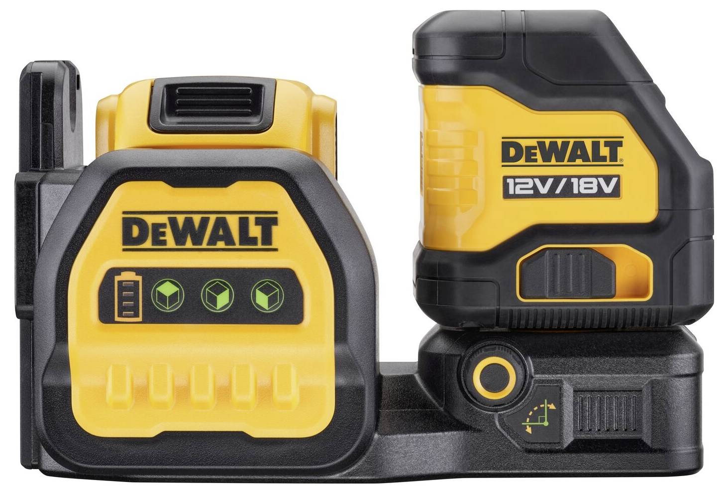 Žlutá nabíječka DeWalt pro 12V/18V akumulátory, s indikátory stavu, umístěná na černém podstavci.