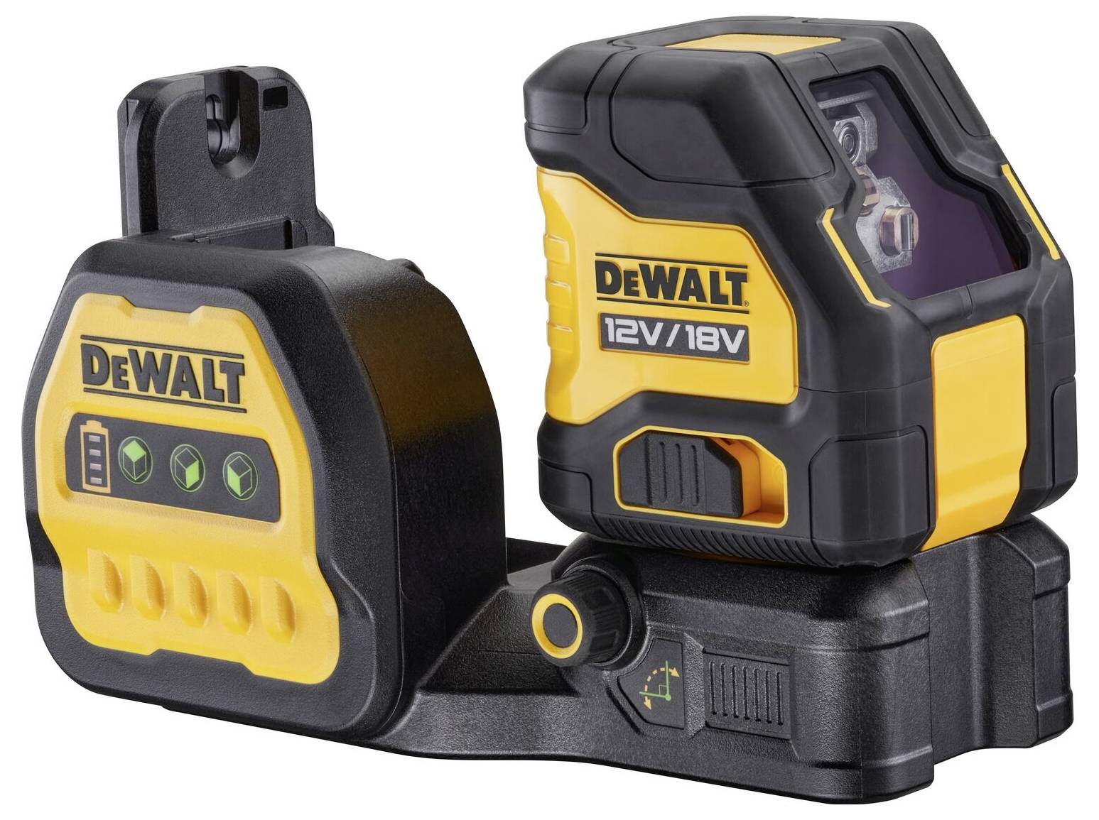 Laserový nivelační přístroj Dewalt s černým a žlutým tělem, vhodný pro 12V/18V. Obsahuje světelné indikátory stavu baterie.