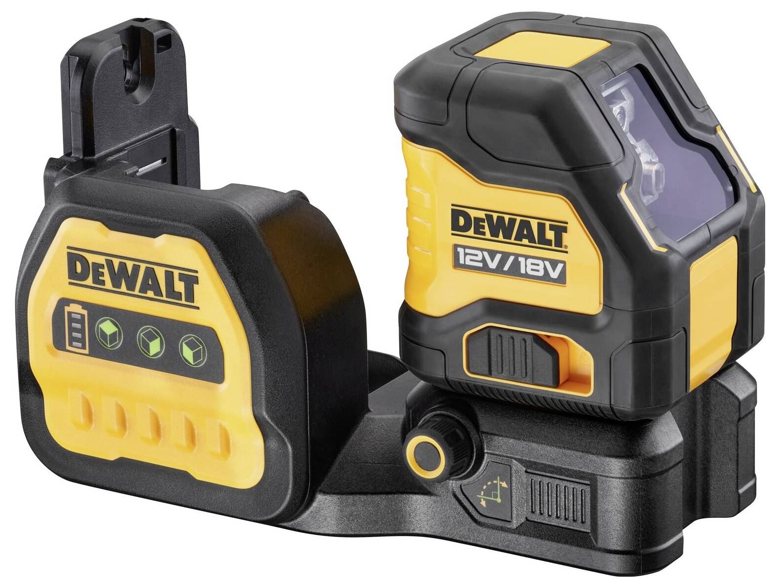 Laserové zařízení ve žlutém a černém provedení od DeWalt, vhodné pro 12V/18V. Hlavní komponenty: laserový projektor a prostor pro akumulátor.
