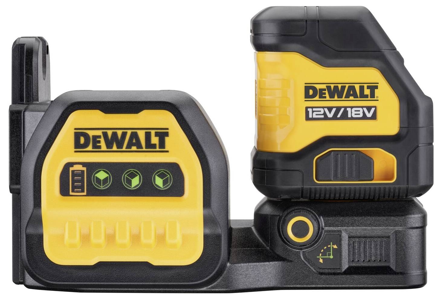 Nabíječka a akumulátor Dewalt v černé a žluté barvě. Akumulátor je označen štítkem '12V/18V'. Nabíječka zobrazuje stav nabití pomocí symbolů.
