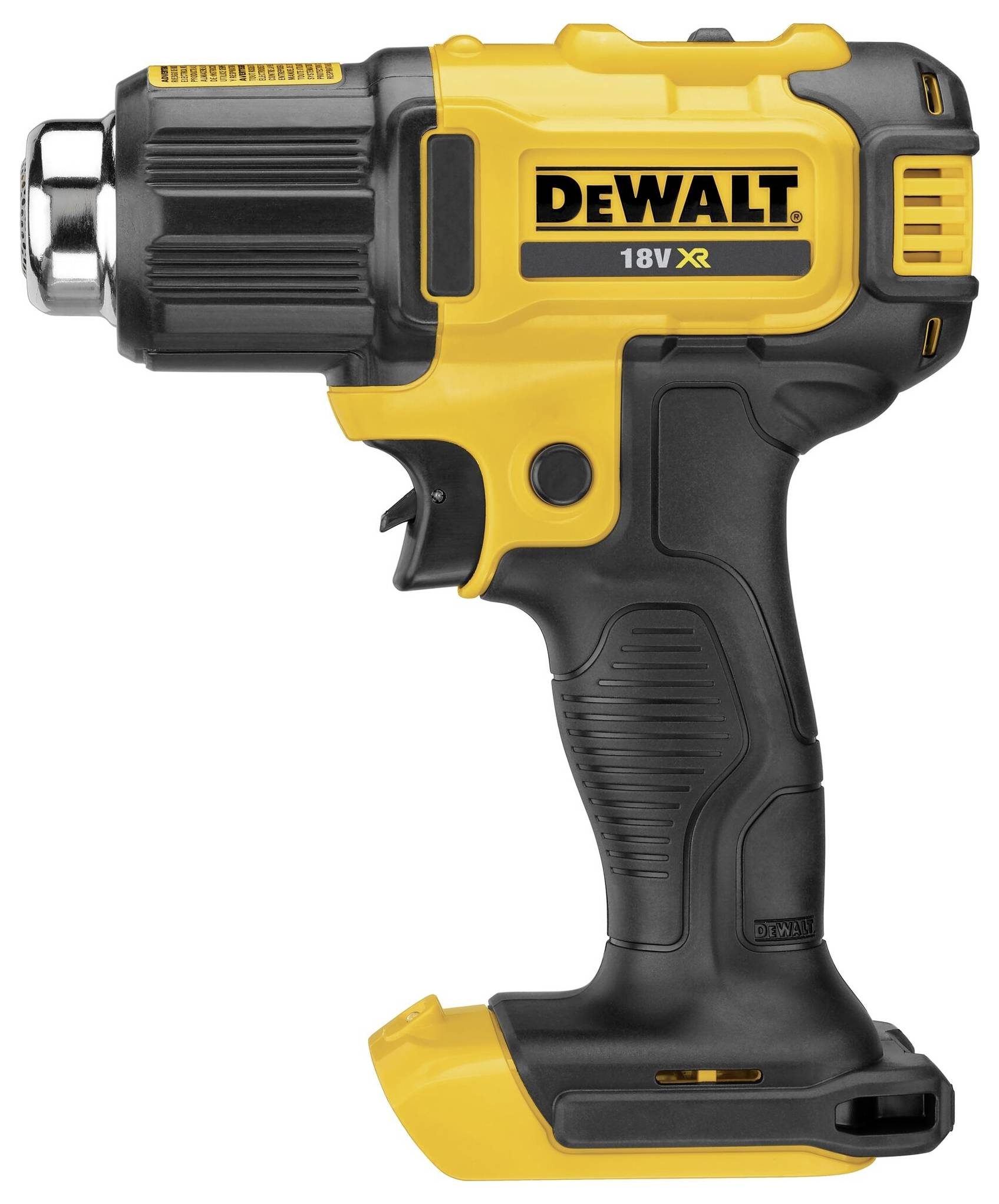 Aku vrtačka v žluto-černém provedení, značka Dewalt, model 18V XR, upevněná bez baterie.