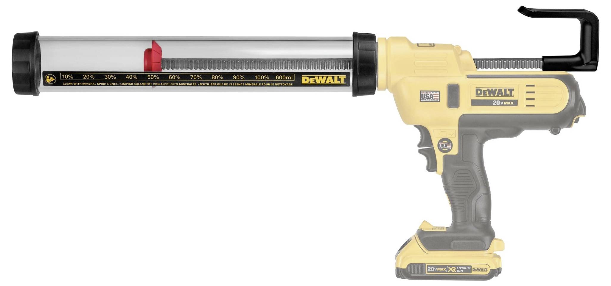 Žlutá elektrická vytlačovací pistole značky DeWALT s průhledným válcem a stupnicí, vhodná pro nanášení těsnicích hmot.