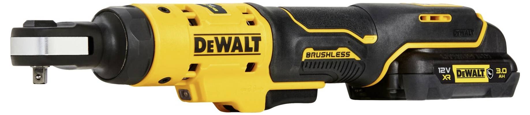 Aku-ráčnový šroubovák DeWALT v černo-žluté barvě, s bezkartáčovým motorem a akumulátorem 12V XR 3.0 Ah.