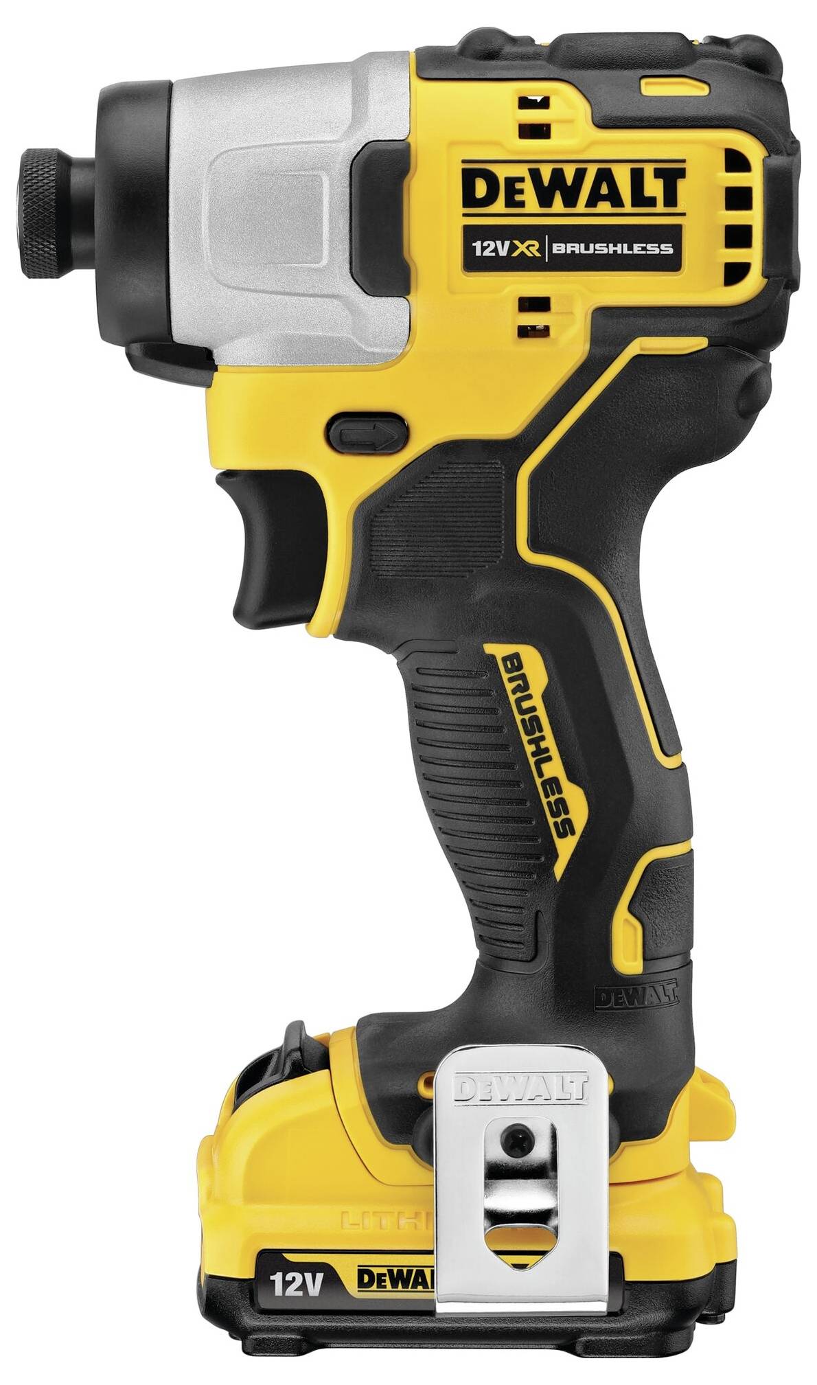 Žlutý a černý 12V akumulátorový rázový utahovák s logem značky, pohled z boku. Kompaktní a ergonomický pro řemeslné práce.