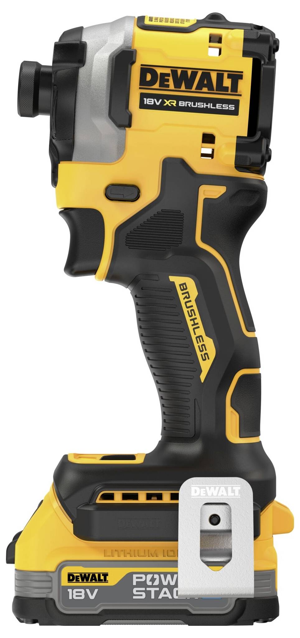 Akumulátorový rázový šroubovák v žluté a černé barvě s nápisem 'DeWalt', 18V, bezkartáčový. Praktický nástroj pro stavební a DIY projekty.