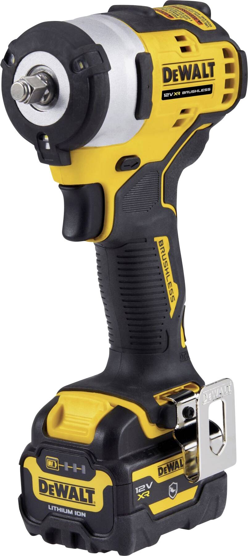 Aku šroubovák v žluto-černém provedení s ergonomickou rukojetí a prostorem pro akumulátor dole, na zařízení je viditelný firemní název 'DeWalt'.