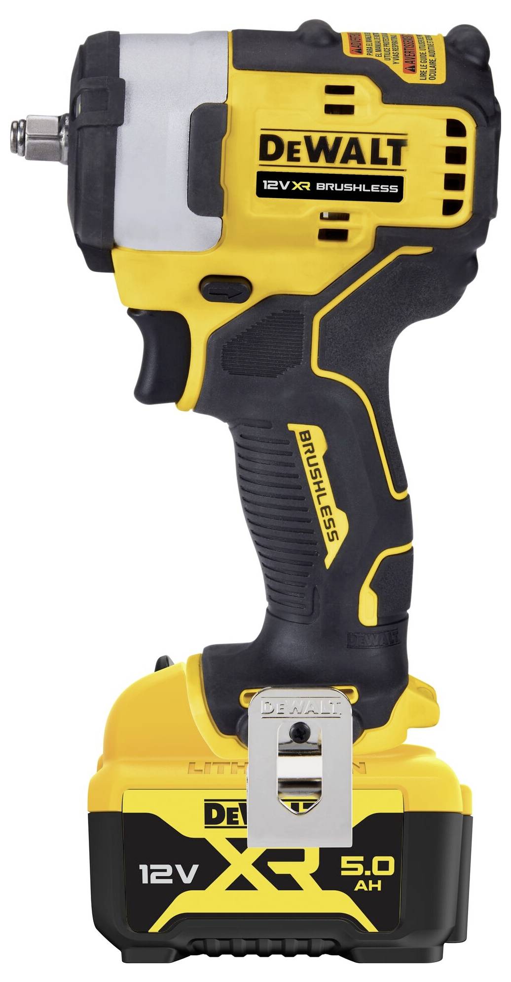 Aku rázový utahovák DeWalt, 12V, s bezkartáčovým motorem, žluto-černý design, ergonomická rukojeť, model pro efektivní práci.