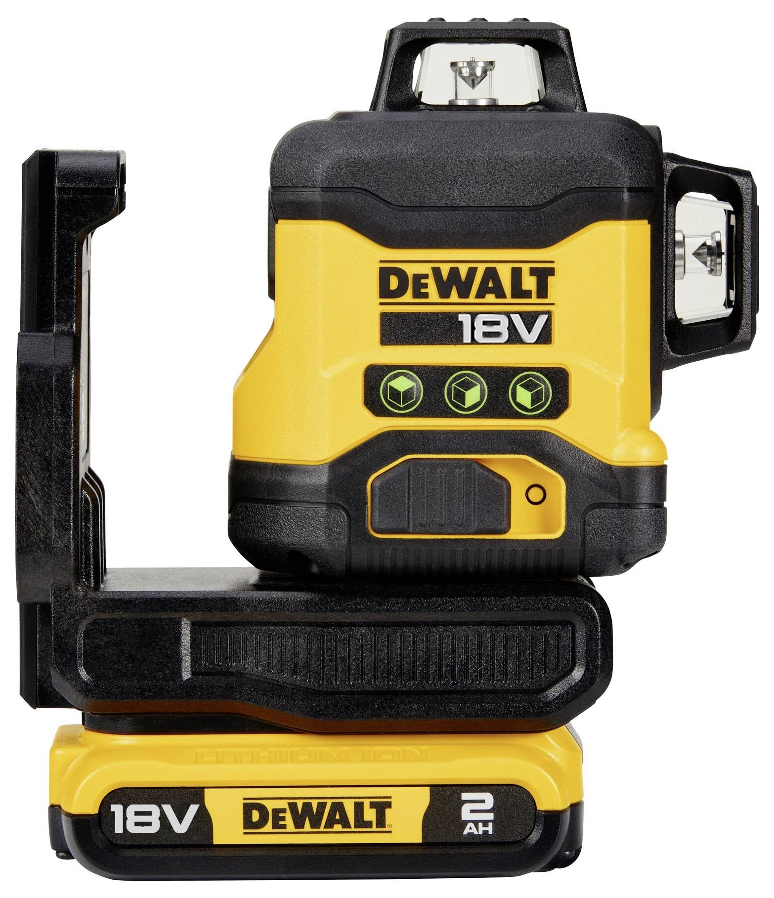 Laserový nivelační přístroj DeWalt 18V se stativem, černožlutý, zobrazující symboly pro horizontální a vertikální nivelaci.