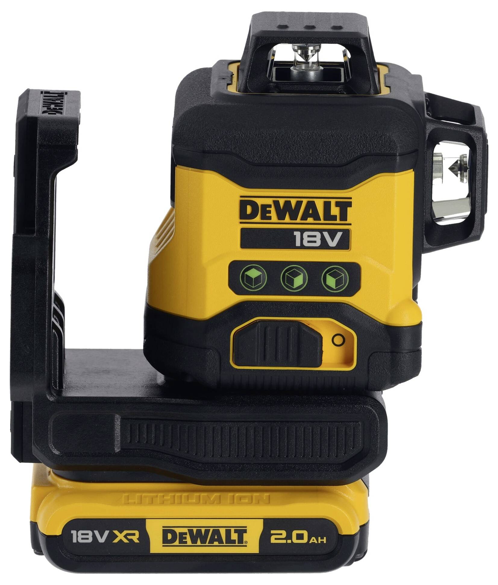 Žluté a černé laserové zařízení DeWalt 18V s připojenou baterií, vhodné pro přesná měření na staveništích.