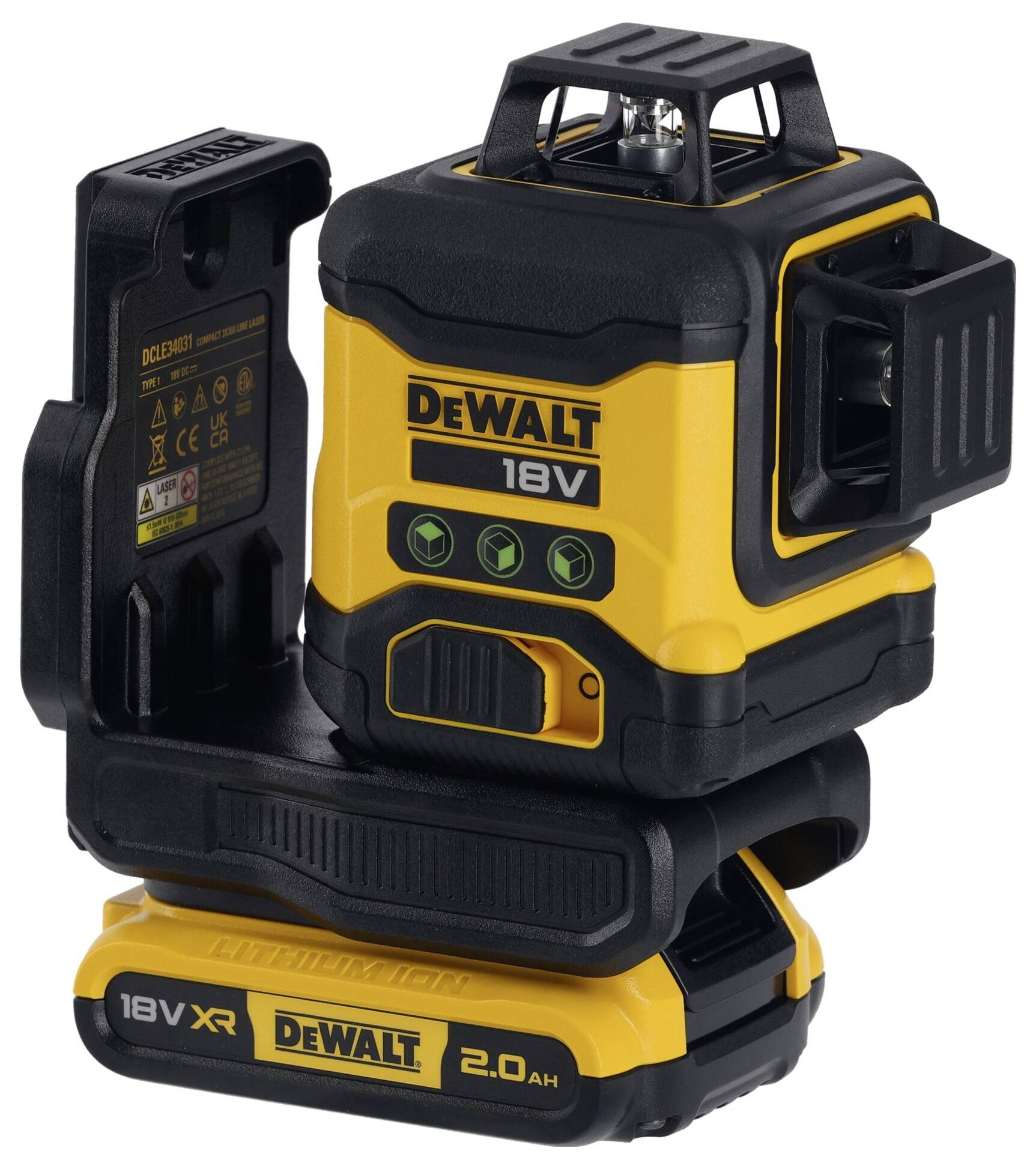 'DeWalt 18V křížový linkový laser s 2,0 Ah lithium-iontovou baterií a nabíječkou, černé a žluté provedení, kompaktní design.'
