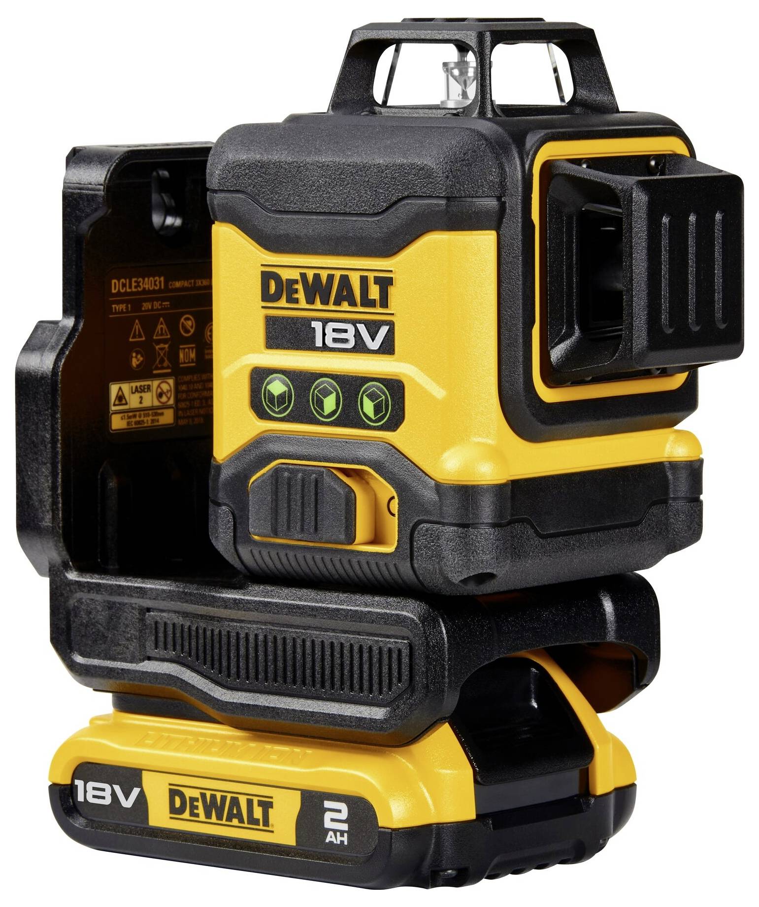 Nivelační přístroj DeWalt, žluto-černý, model 18V s několika ovládacími tlačítky, vhodný pro přesné vyrovnávání na různých površích.