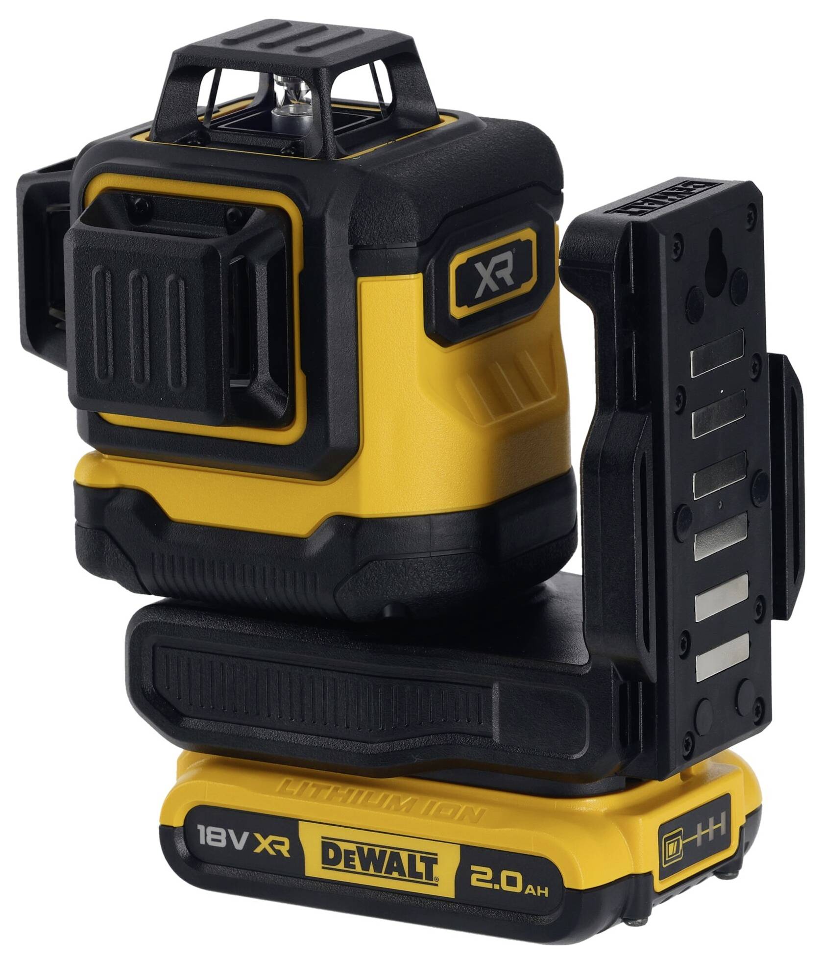 DeWalt 18V XR 2.0 Ah lithium-iontový akumulátor. Robustní, žluto-černý design, vhodný pro elektrické nářadí.