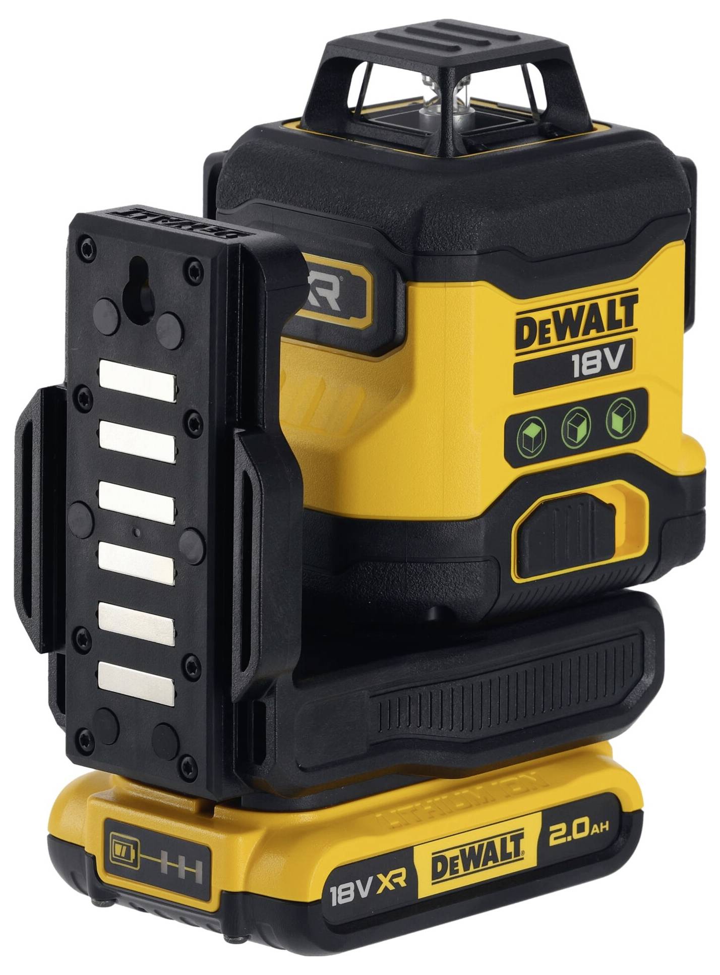 Žlutý laserový nivelační přístroj DeWalt 18V umístěný na akumulátoru. Hlavní charakteristiky: rotační část nahoře a ovládací prvky po straně.