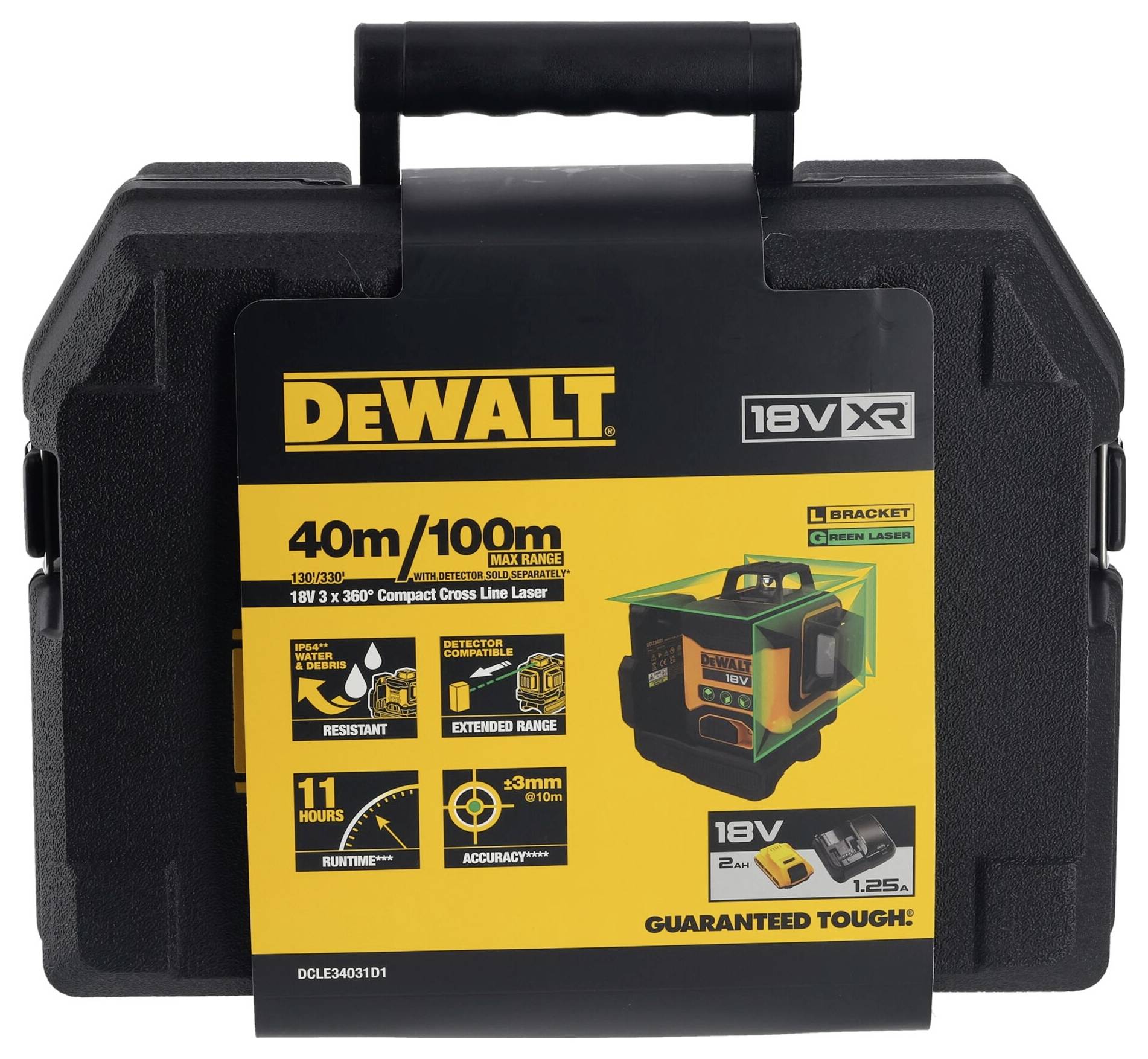 Černý kufřík na nářadí se žlutým štítkem; obsahuje údaje o laserovém přístroji DeWalt 18V XR: dosah 40 m/100 m, provozní doba 11 h, vysoká přesnost.