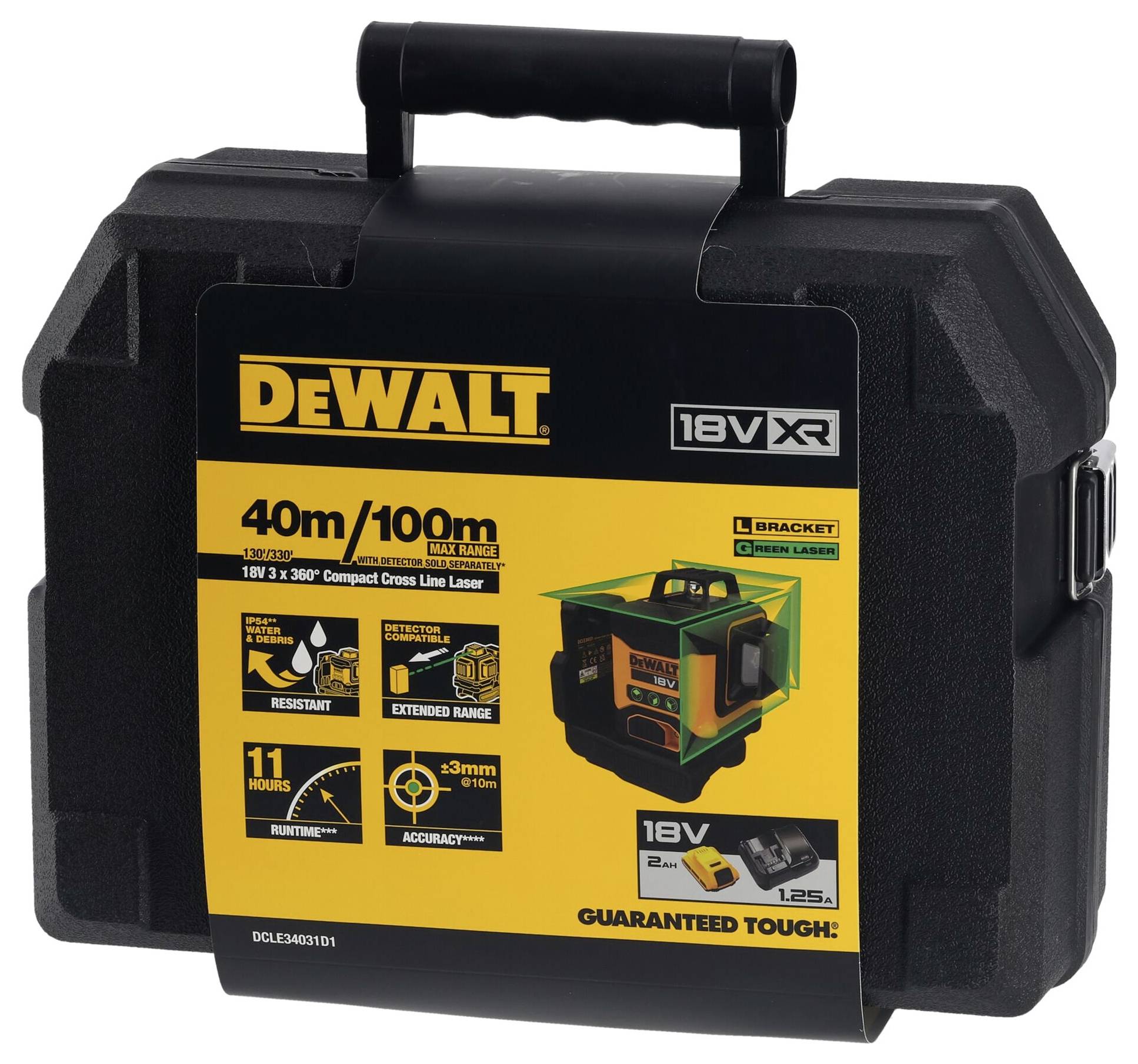 Přepravní kufr laseru 'DEWALT' s produktovými informacemi: Dosah až 100 m, přesnost laseru ±3 mm na 10 m, 18V.