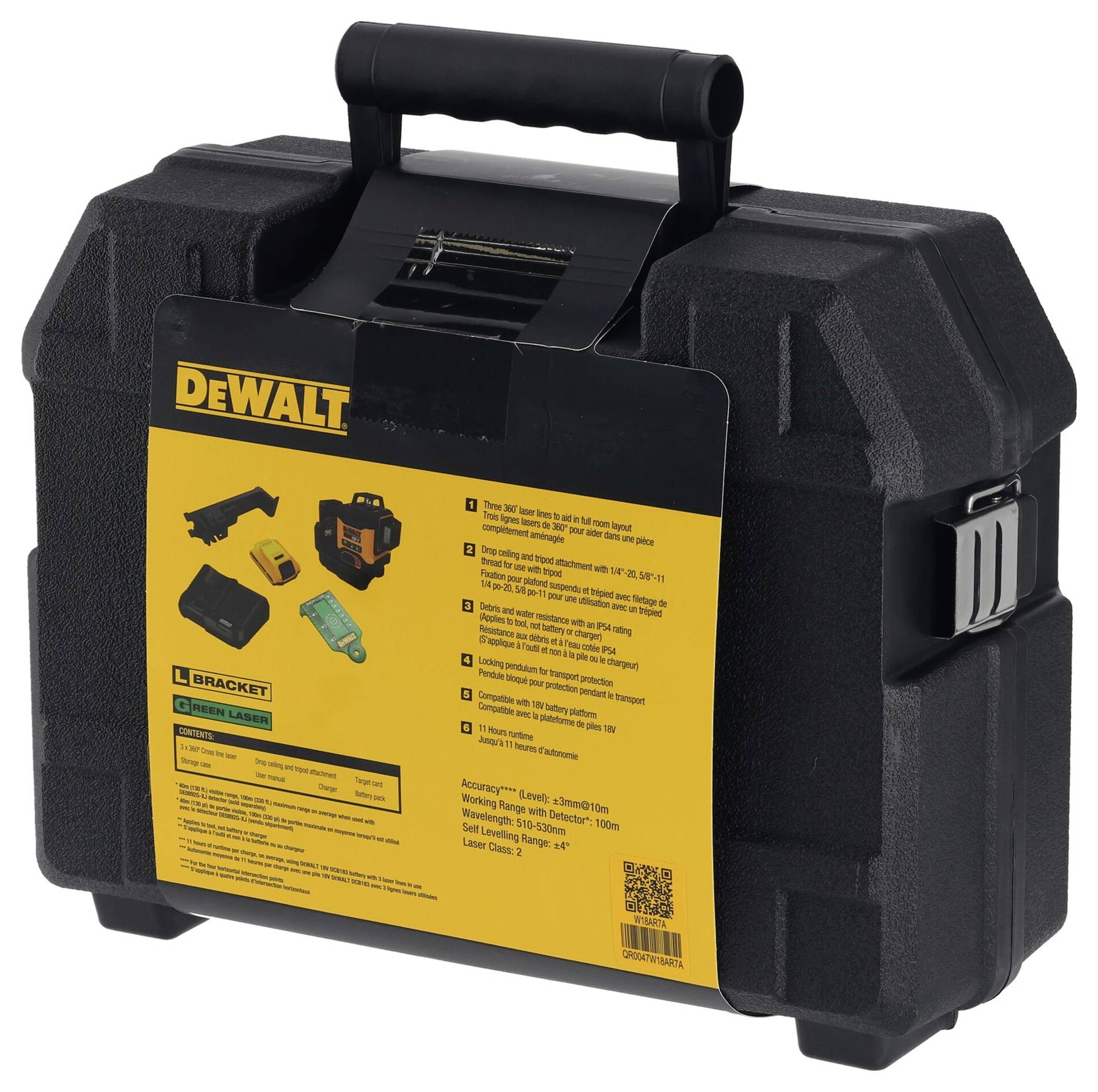 Černý kufřík na nářadí se žlutou nálepkou značky Dewalt. Obsahuje popis produktu a seznam zahrnutých komponentů.