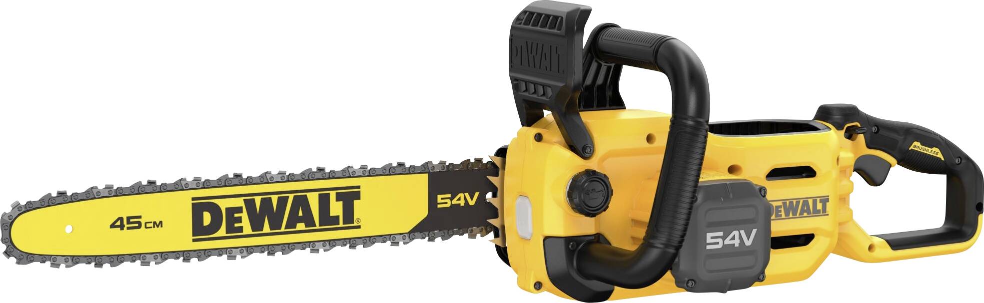 Žlutá řetězová pila značky DeWalt, bezdrátová, s délkou lišty 45 cm a dobou provozu na 54V akumulátoru.