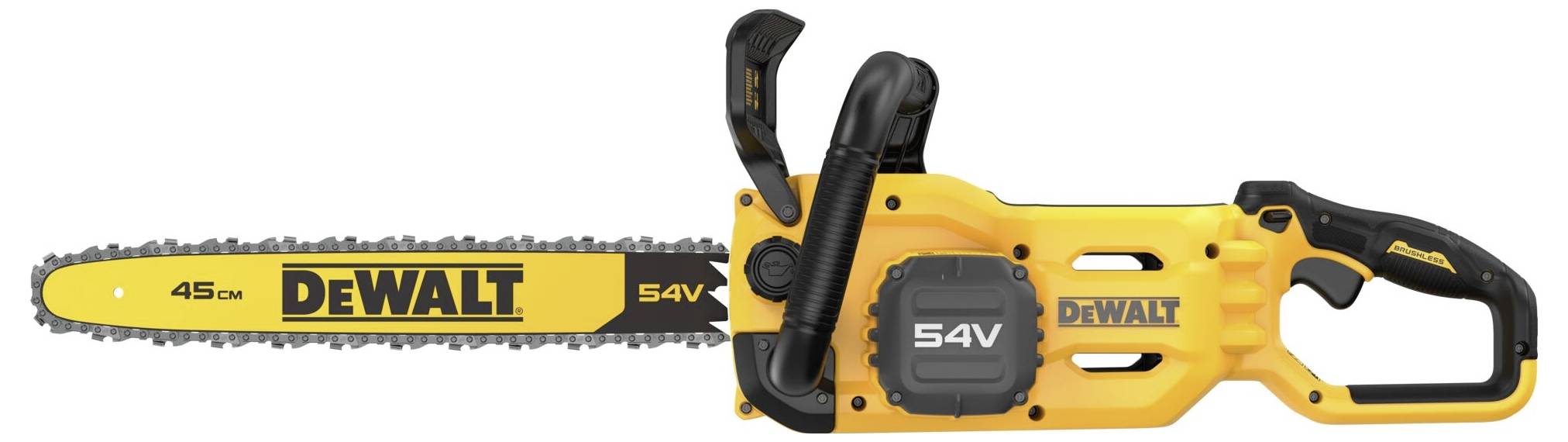Žlutá elektrická řetězová pila značky DeWalt, model 54V, s černou rukojetí a 45cm lištou.