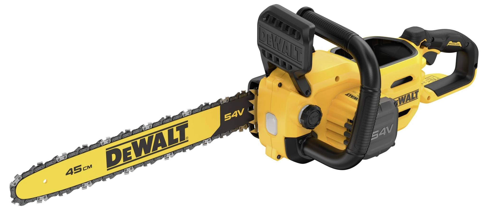 Akumulátorová motorová pila v žluto-černém designu, značky Dewalt, s 45cm řetězem a 54V motorem, určená pro zahradnické práce.