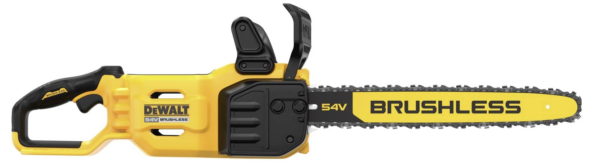 Motorová pila značky DeWALT, žluto-černá s nápisem 'BRUSHLESS', navržená pro bezdrátové použití s 54V akumulátorem.