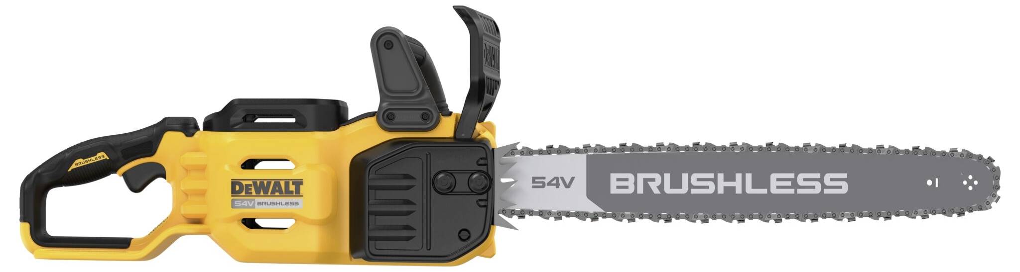 Žlutá a černá akumulátorová řetězová pila s nápisem '54V Brushless'. Má ergonomickou rukojeť a dlouhý řetěz.