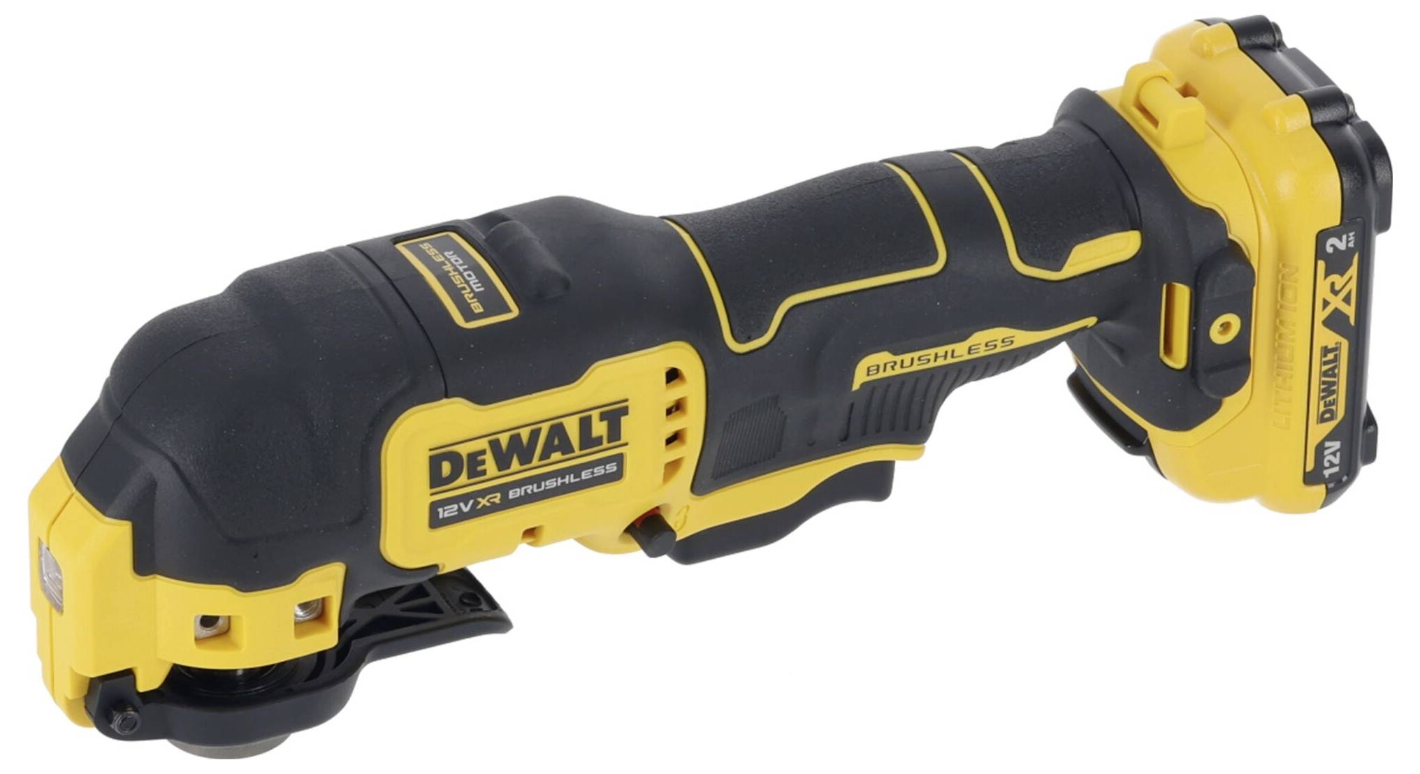 Žluté a černé multifunkční nářadí značky DeWalt s akumulátorem a bezkartáčovým motorem, vhodné pro různé řemeslné práce.