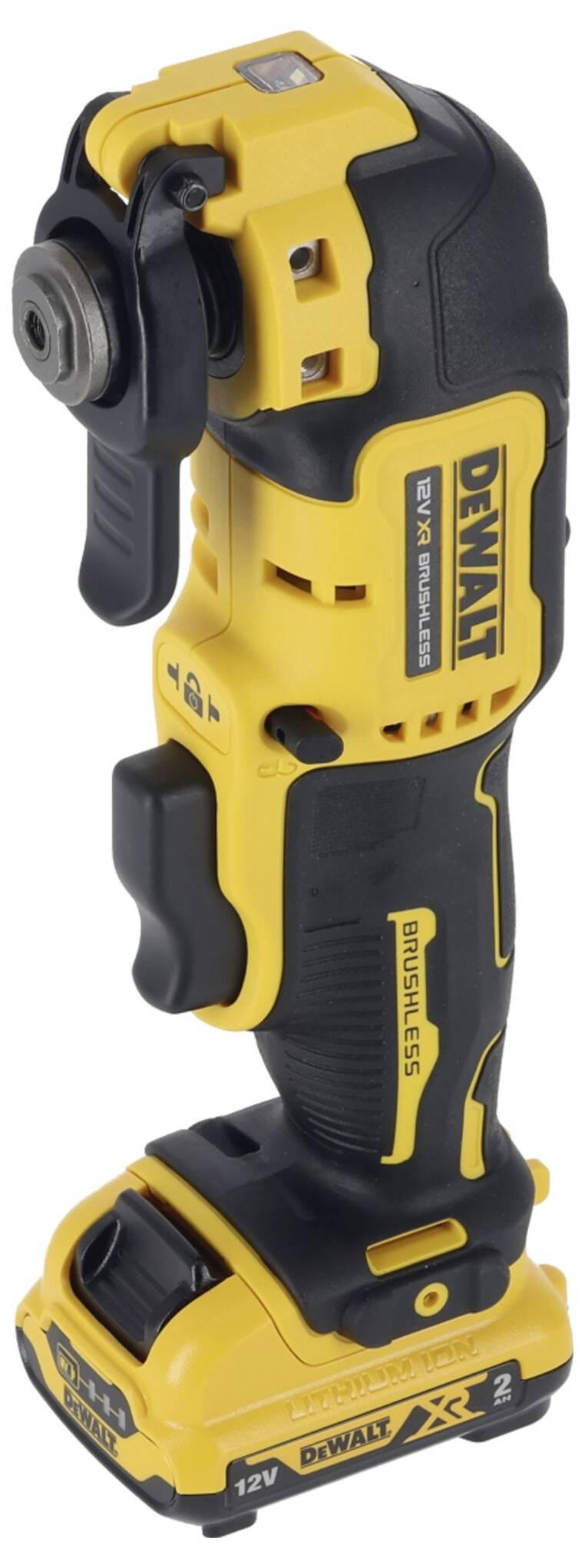 Žlutá a černá úhlová aku bruska DeWalt, model s bezkartáčovým motorem a technologií XR 12V.