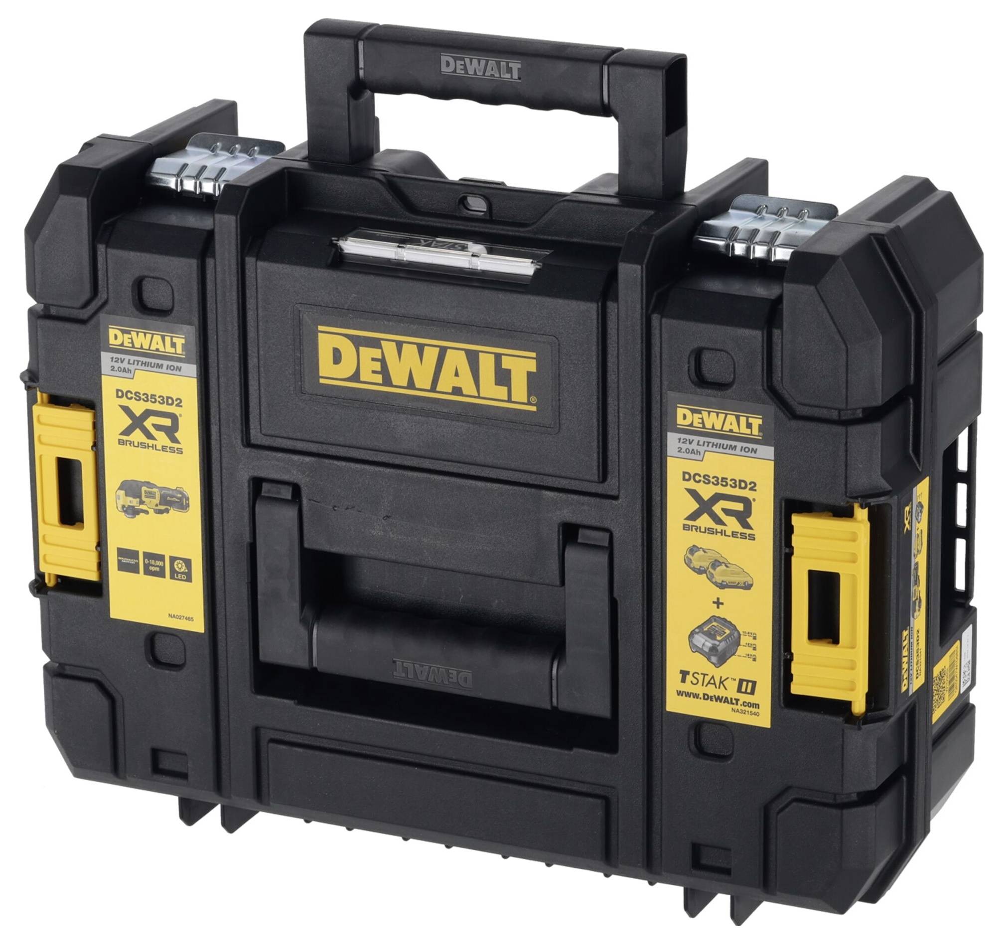 Černý DeWalt kufřík na nářadí se žlutými akcenty a velkým madlem; robustní design určený pro staveniště nebo dílnu.