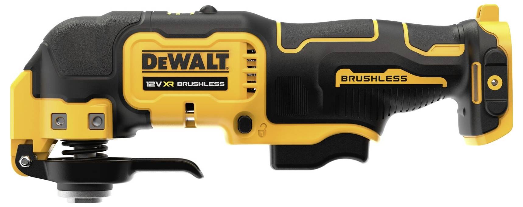 Bezdrátové multifunkční nářadí v černé a žluté barvě s nápisem 'DEWALT 12V XR Brushless', vhodné pro různé domácí kutilské projekty.