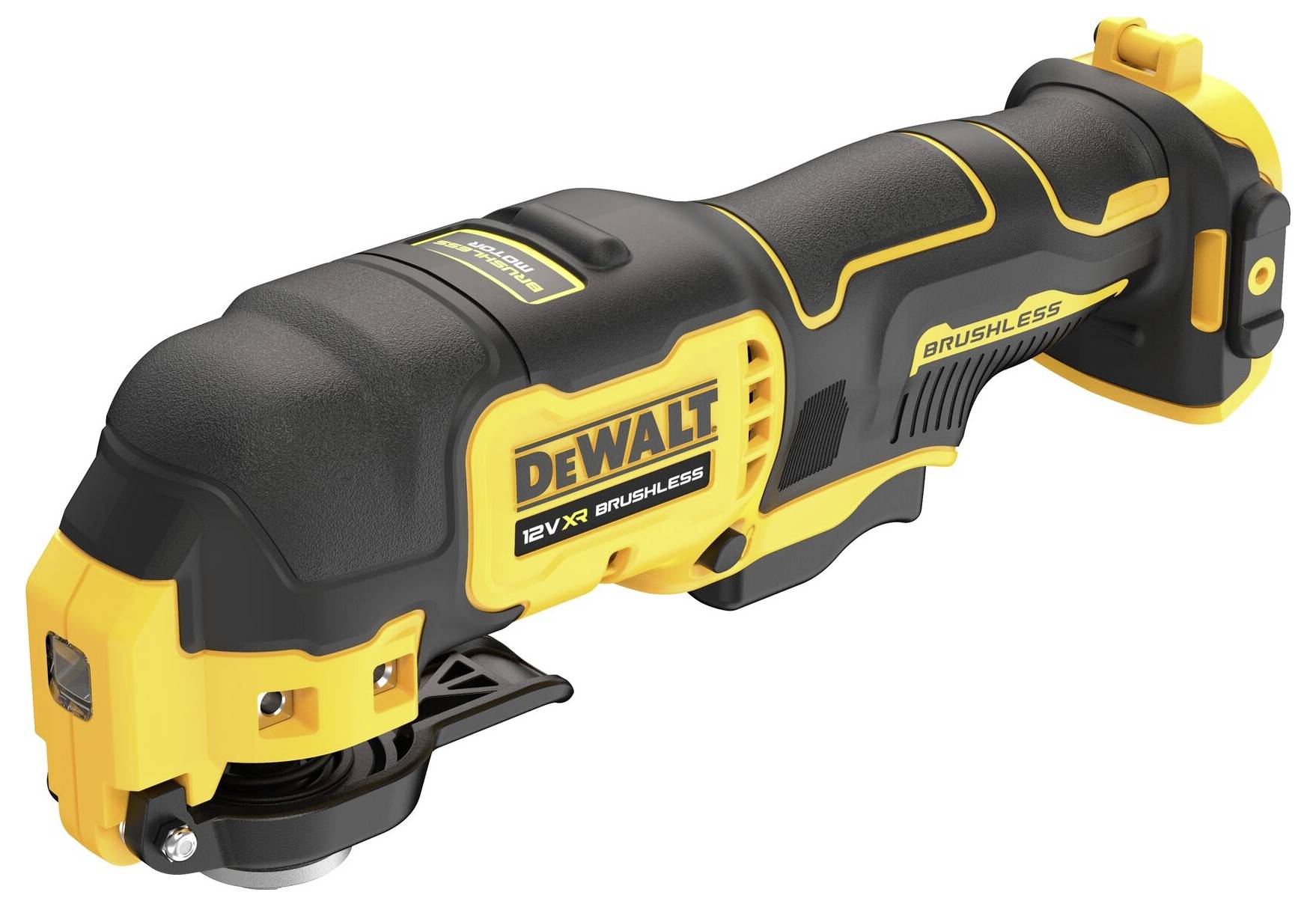 Aku-multifunkční nářadí s černým a žlutým tělem, označené nápisy 'DEWALT' a 'BRUSHLESS'. Napájené baterií pro všestranné použití.