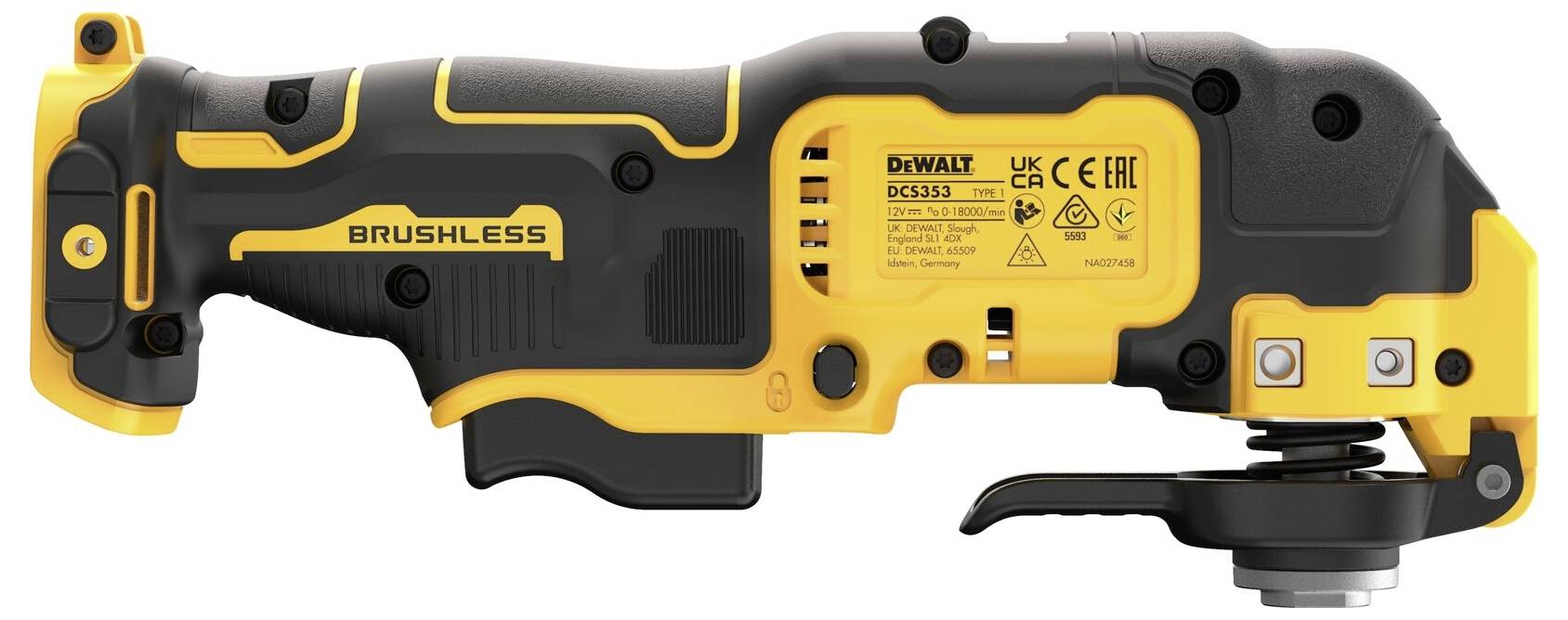 Akumulátorový multifunkční nástroj v černé a žluté barvě s nápisem 'BRUSHLESS', vhodný pro různé řezací a brousicí práce.
