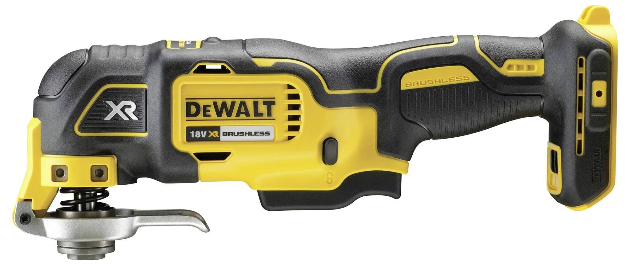 Žluté a černé akumulátorové multifunkční nářadí značky DeWalt, model XR, s bezkartáčovým motorem a výkonem 18V.
