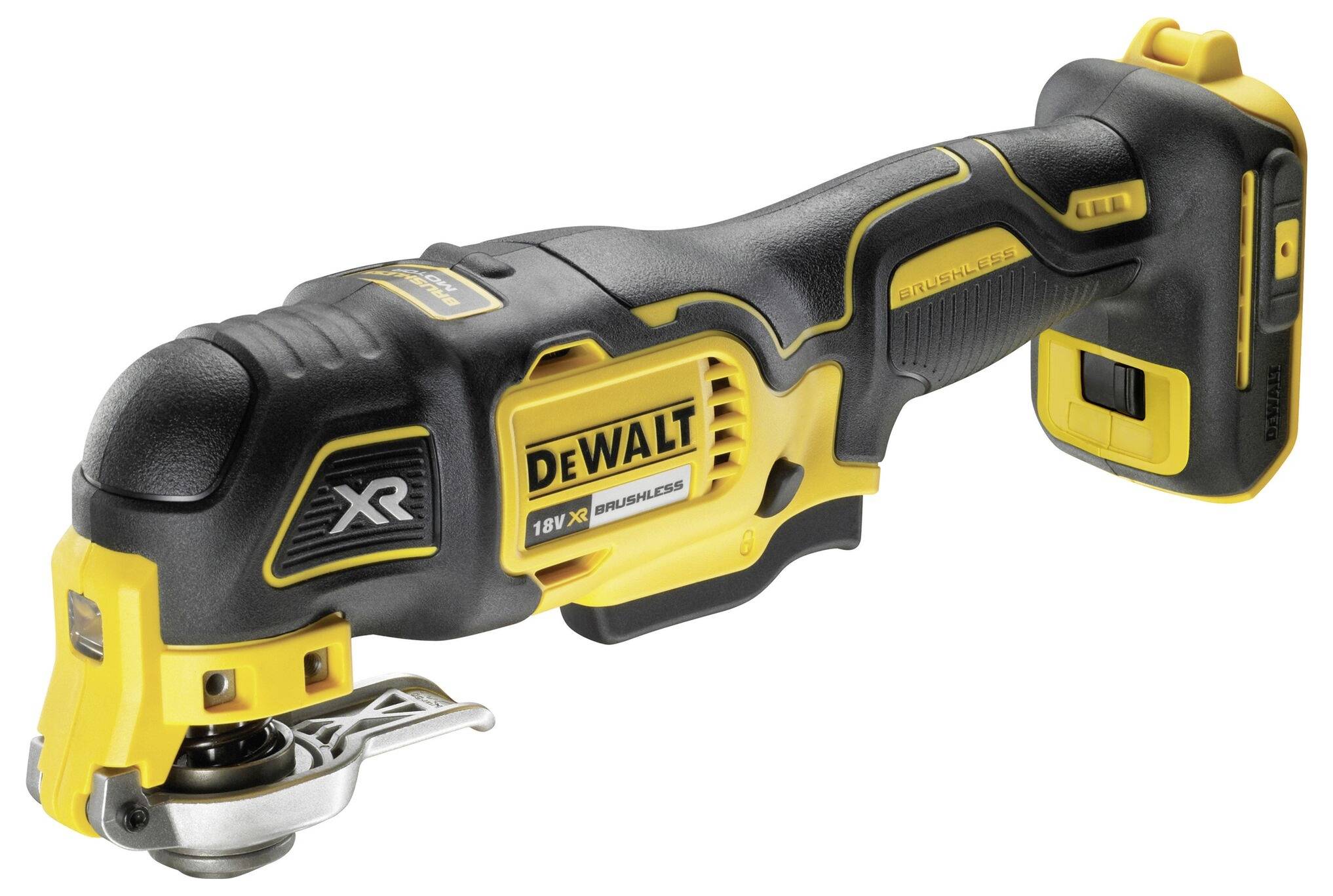 Bezdrátový multitool v černé a žluté barvě od značky DeWalt. Má ergonomickou rukověť a je napájen akumulátorem.