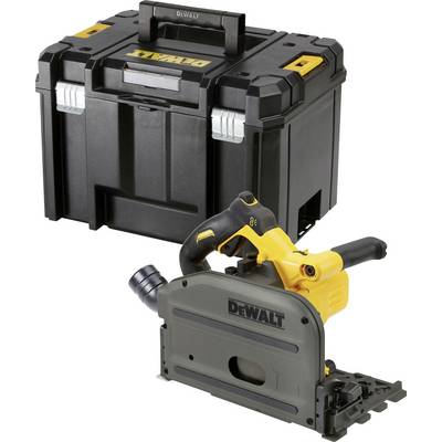 Elektrické nářadí s transportním kufrem. Žluto-černá ponorná pila značky DeWalt umístěná vedle pevného černého kufru pro skladování.