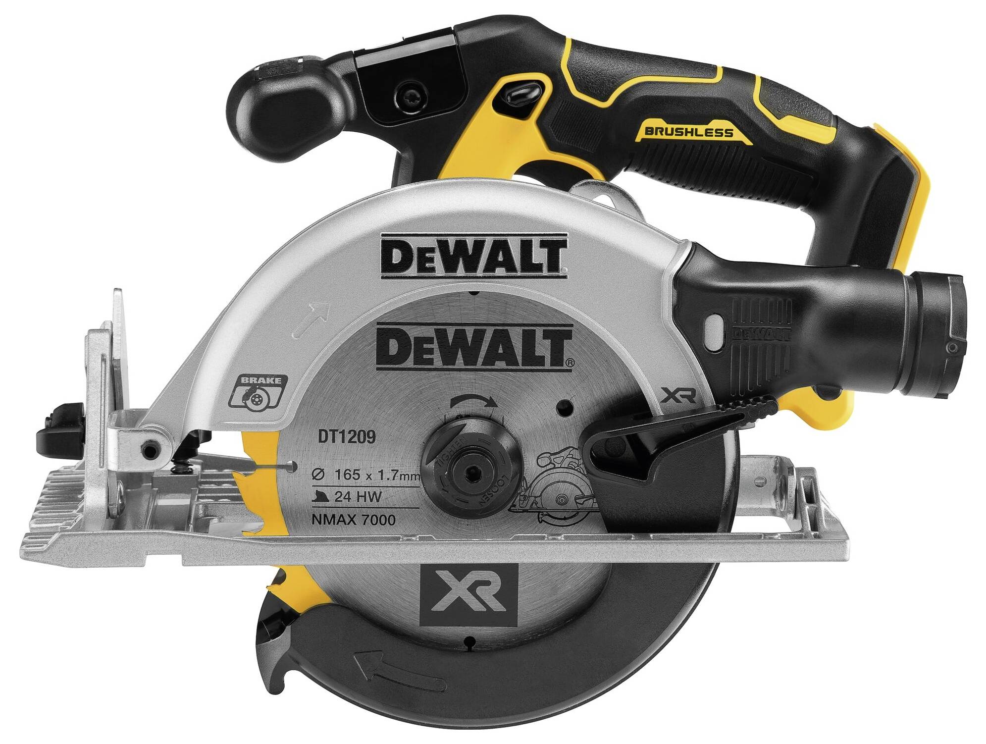 Žlutá a černá aku ruční okružní pila značky DeWalt, model XR, s bezuhlíkovým motorem.