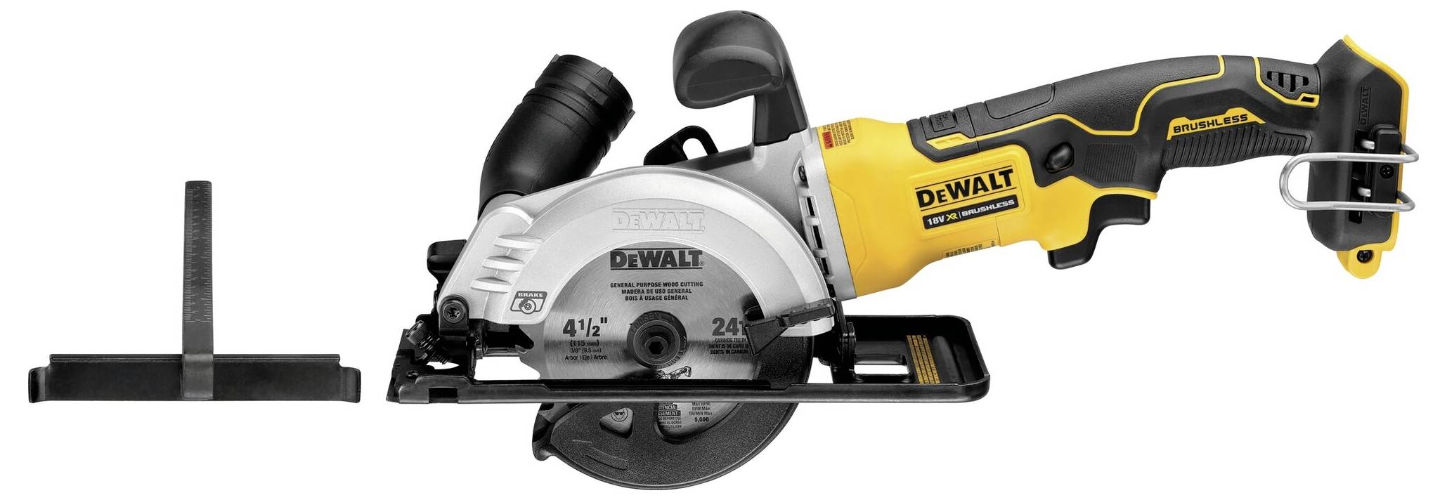 Ruční kotoučová pila v designu černo-žluté barvy s vodicí lištou. Značka: DEWALT. Je viditelný pilový kotouč s 24 zuby.