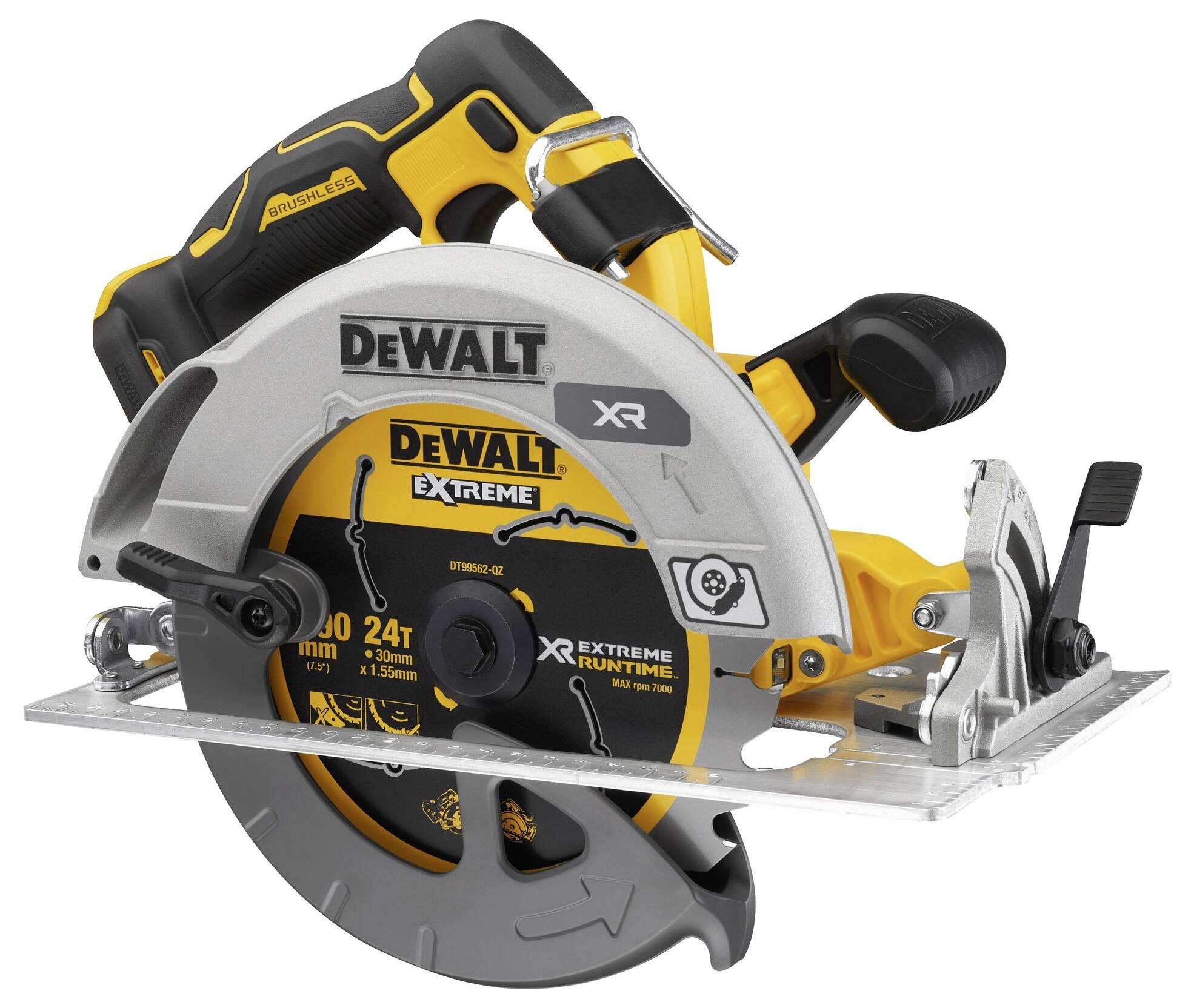 Akumulátorová ruční okružní pila s černo-žlutým designem. Logo DeWalt na přední straně. Ideální pro přesné řezání dřeva na stavbách.