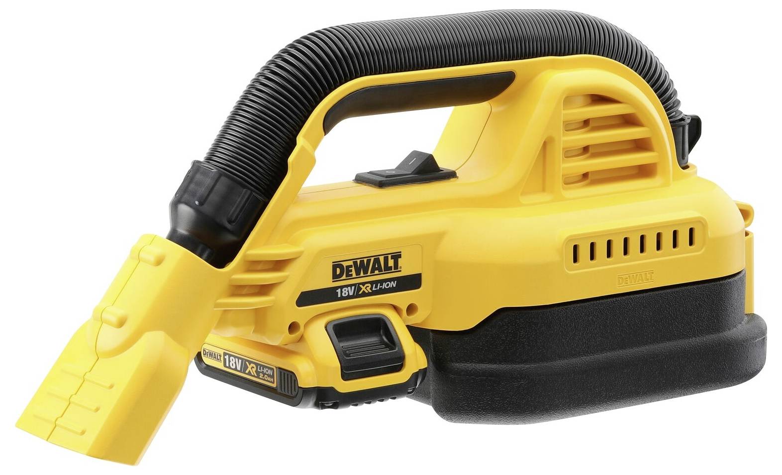 Přenosný žlutý akumulátorový vysavač DEWALT s černou hadicí a ergonomickou rukojetí, vhodný pro lehké úklidové práce.